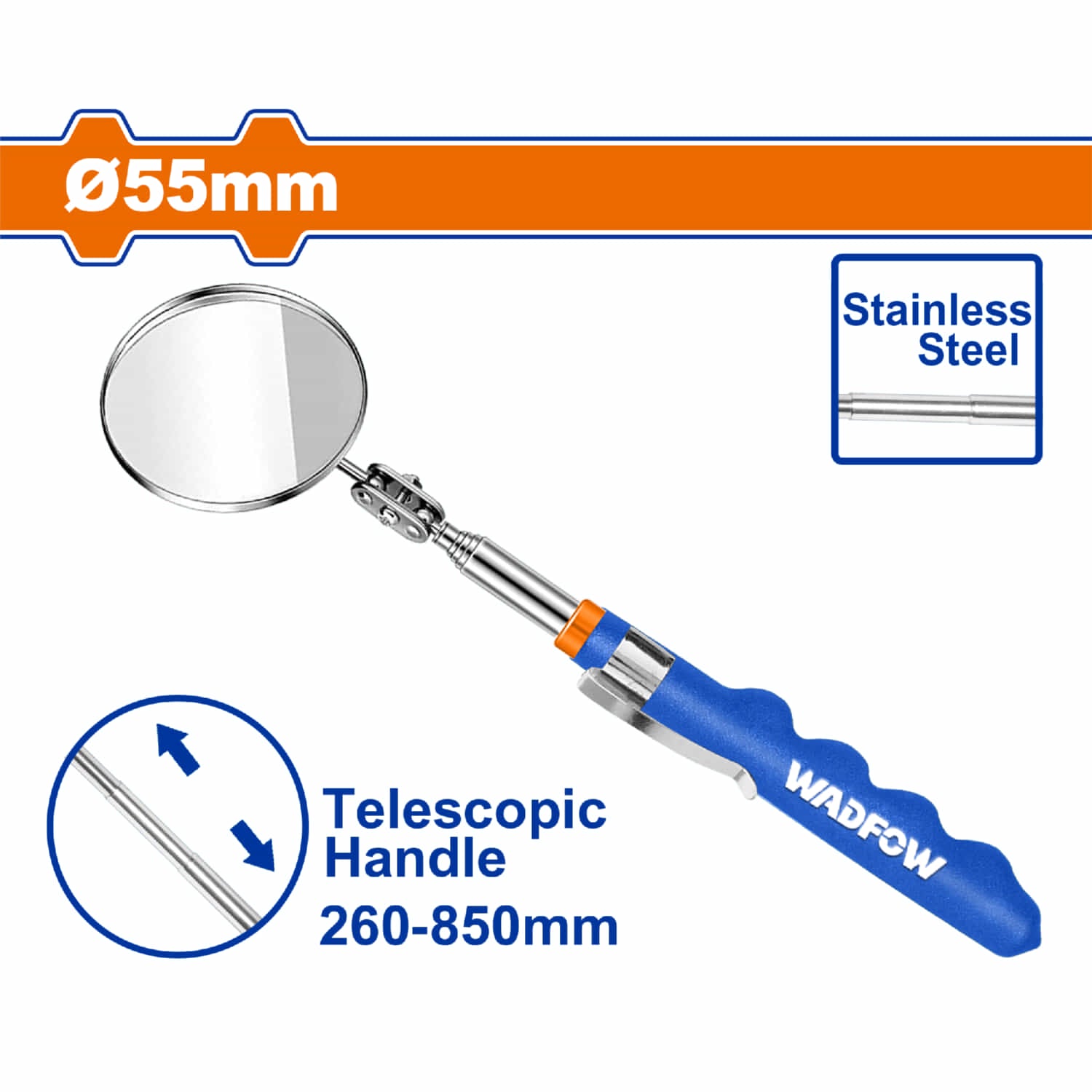 Espejo de Inspección Telescópica. Long: 260mm-850mm. Mango de PVC. Acero Inoxidable.
