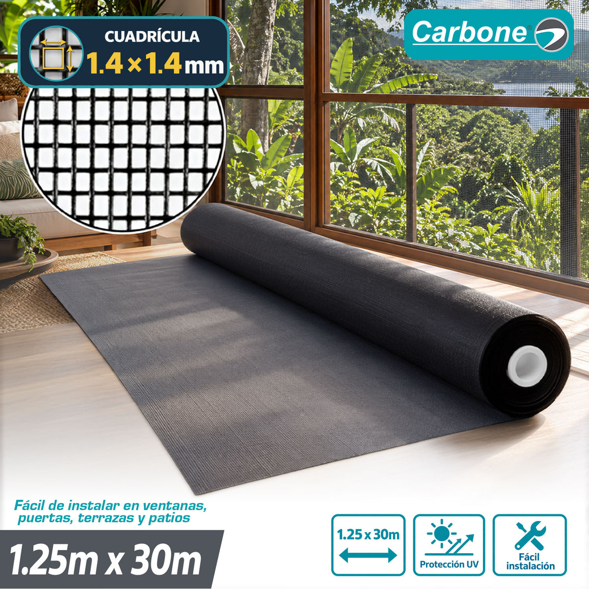Rollo mosquitera negra 1.25x30m malla 18x18 anti-UV PP+PE resistente para ventanas y puertas