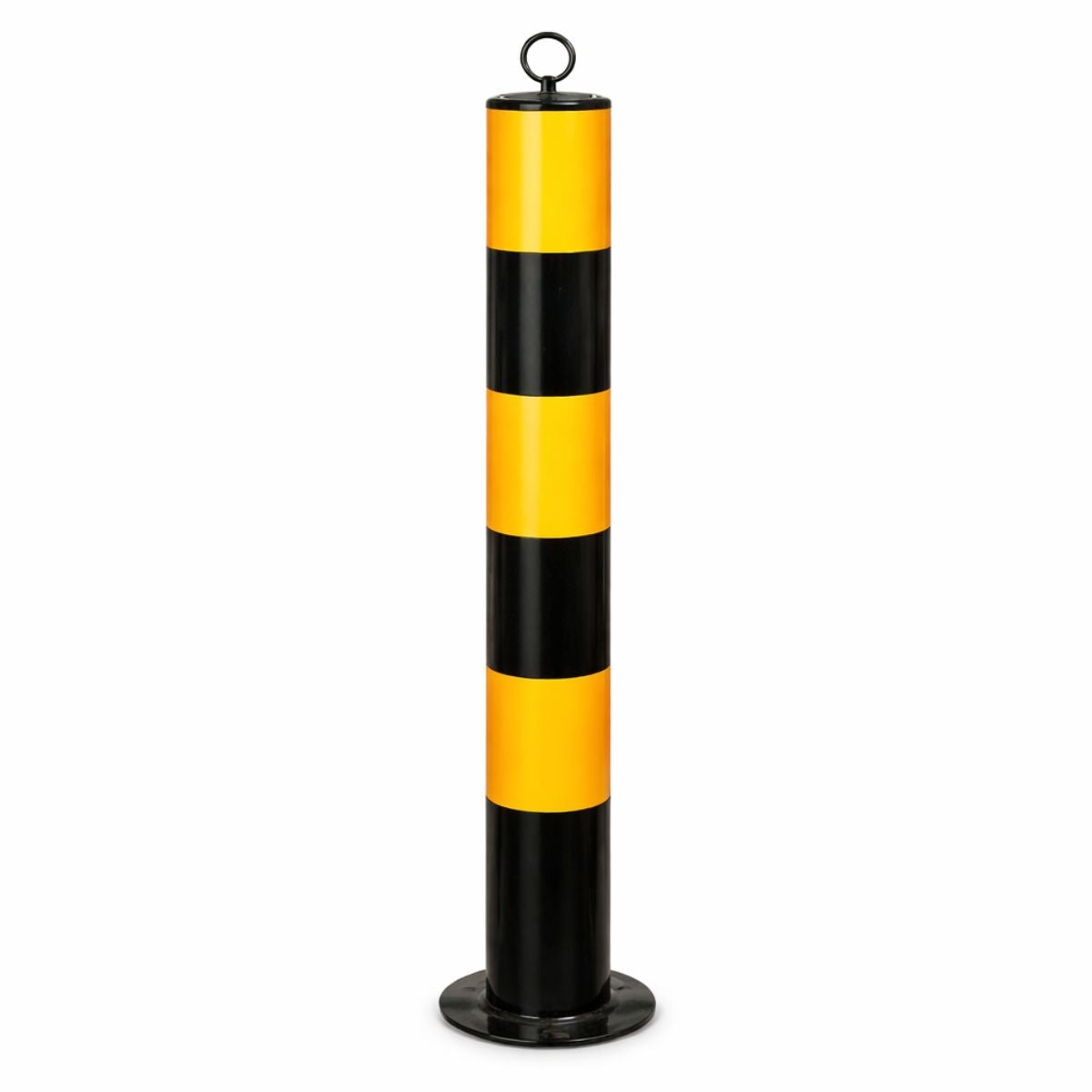 Bolardo de estacionamiento. Poste Acero seguridad. 13x75 cm. Negro Con Franjas Amarillas.
