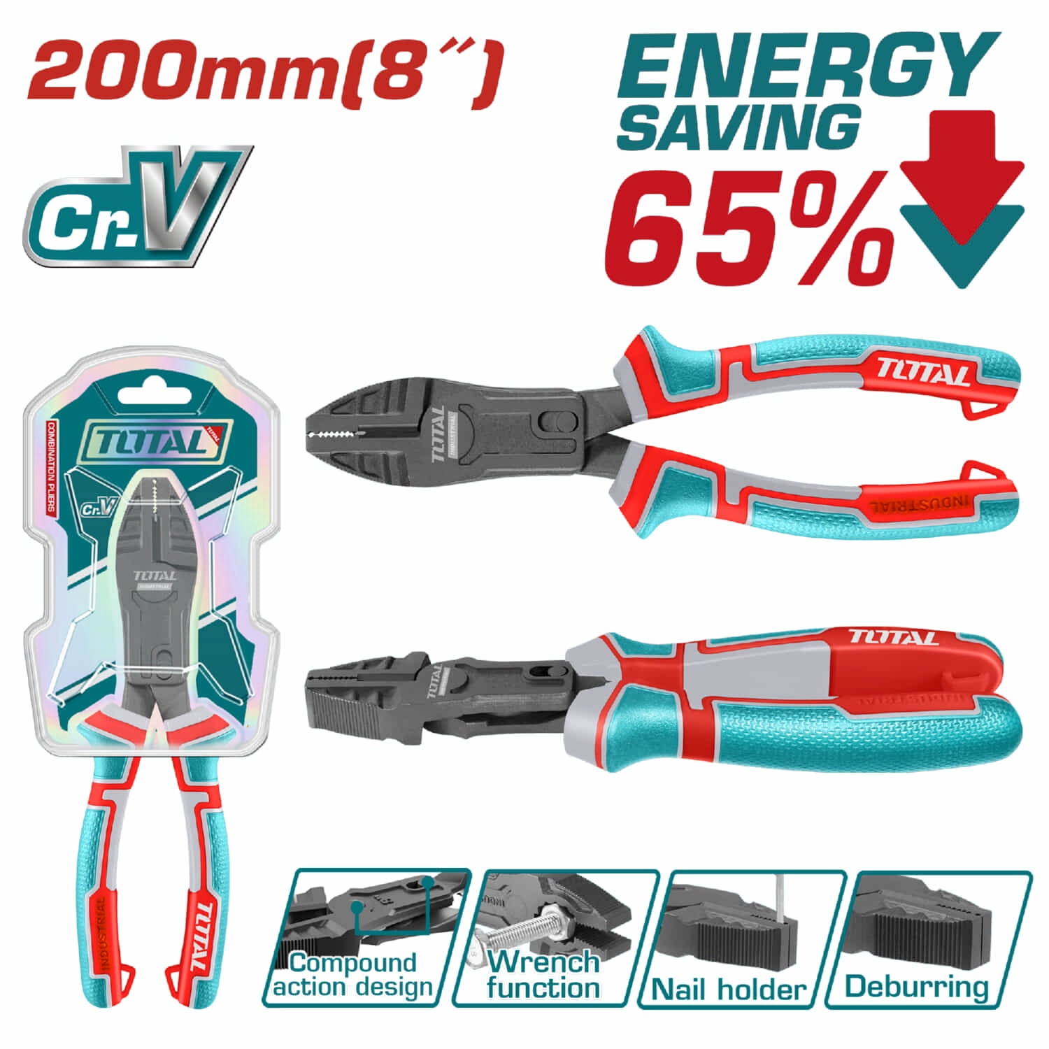 Alicate de combinacion acción compuesta 8" Cr-V. 65% ahorro de energía. Mango ergonómico