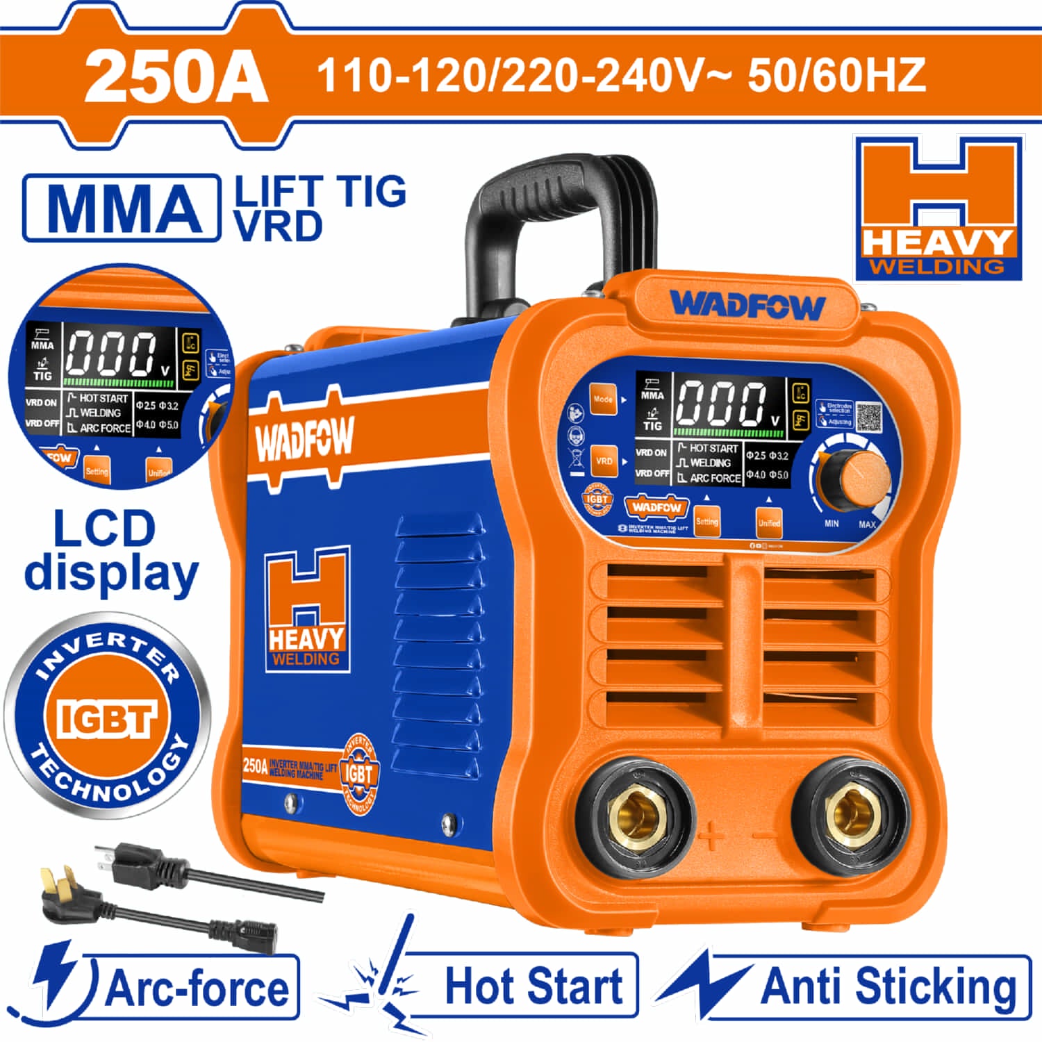 Máquina De Soldar Inverter Heavy Duty Calidad Profesional 60% Ciclo De Trabajo. Soldadora 250A IGBT Pantalla LCD, Lift TIG, VRD Electrodo 2-5mm Anti-stick, Hot start, Arc-force incluye Accesorios