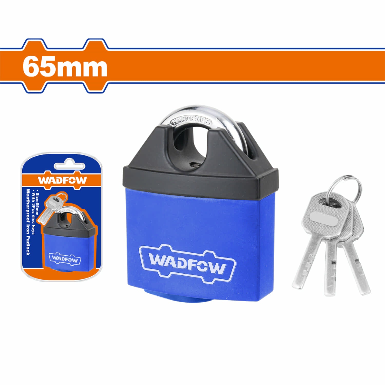 Candado de hierro 65mm resistente a la intemperie. Recubierto con nylon. Incluye 3 llaves.