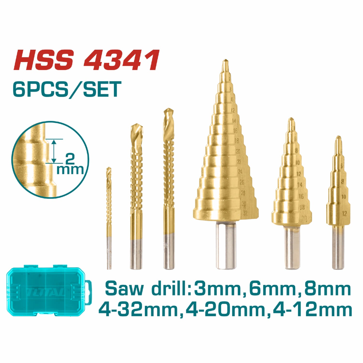 Brocas Escalonadas 4-32mm y Brocas de Sierra 3-8mm HSS 4341 Set de 6 piezas.