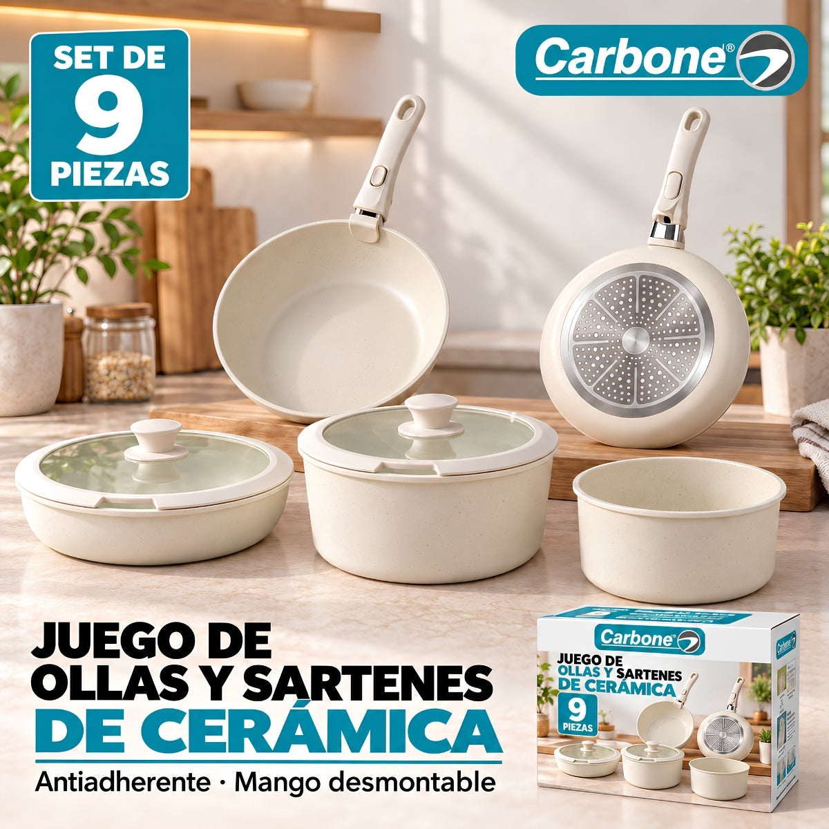 Ollas y Sartenes de cocina antiadherente con Mango Desmontable. Set de 9 piezas de cerámica. Juego de Sartenes, wok y cacerolas con tapas.