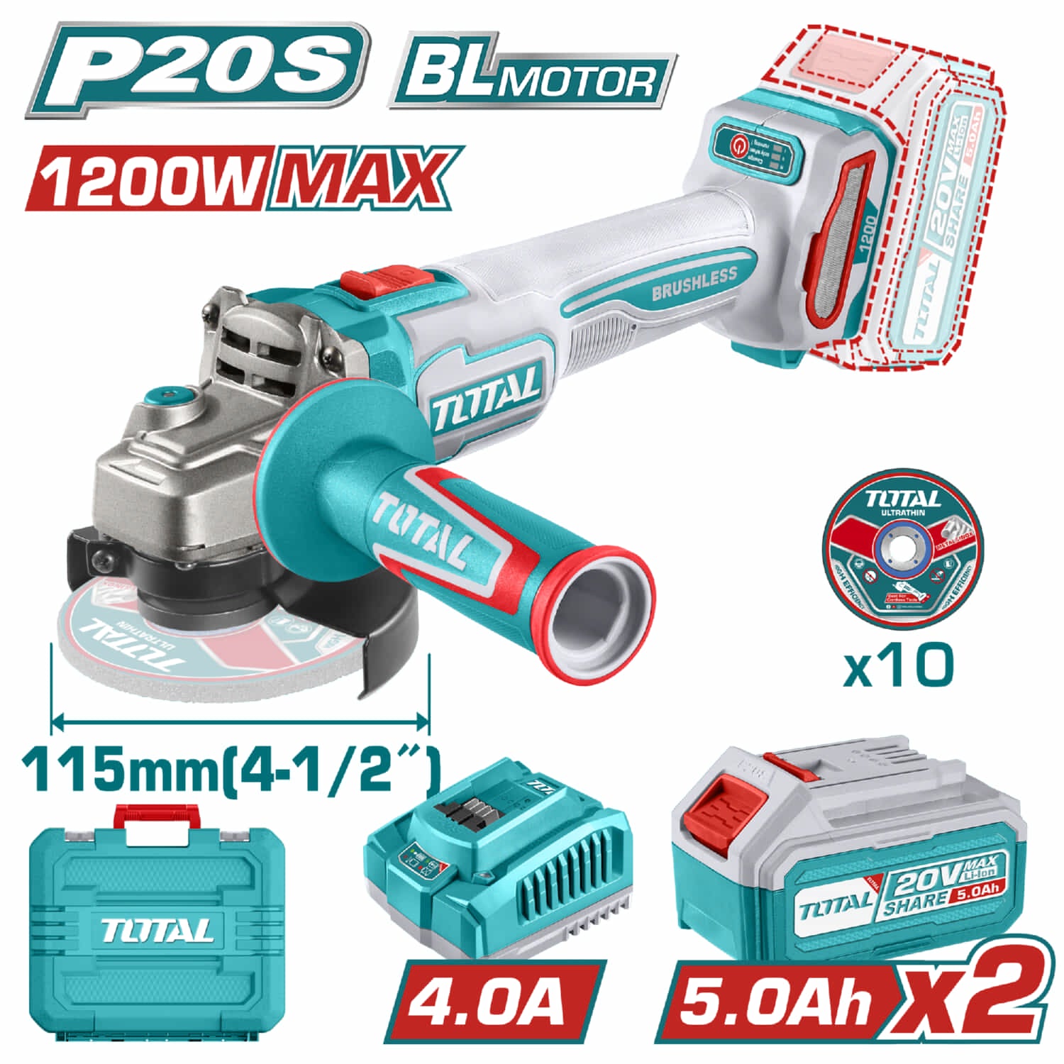 Flexible esmeriladora Inalámbrica 20V 4 1/2” 1200W Motor sin escobillas. Incluye batería y cargador. Esmeril angular.