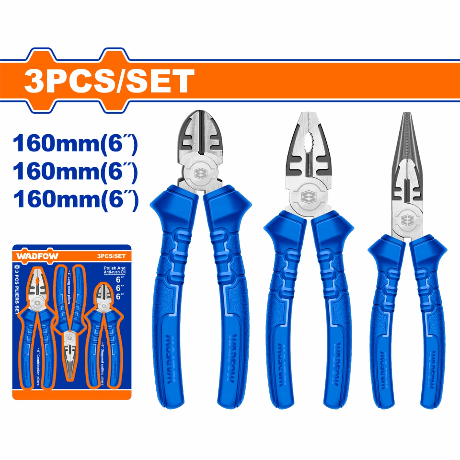 Alicates variados de 6" (Combinados, Corte Diagonal, Punta Larga) Pulido. Set de 3 Piezas.