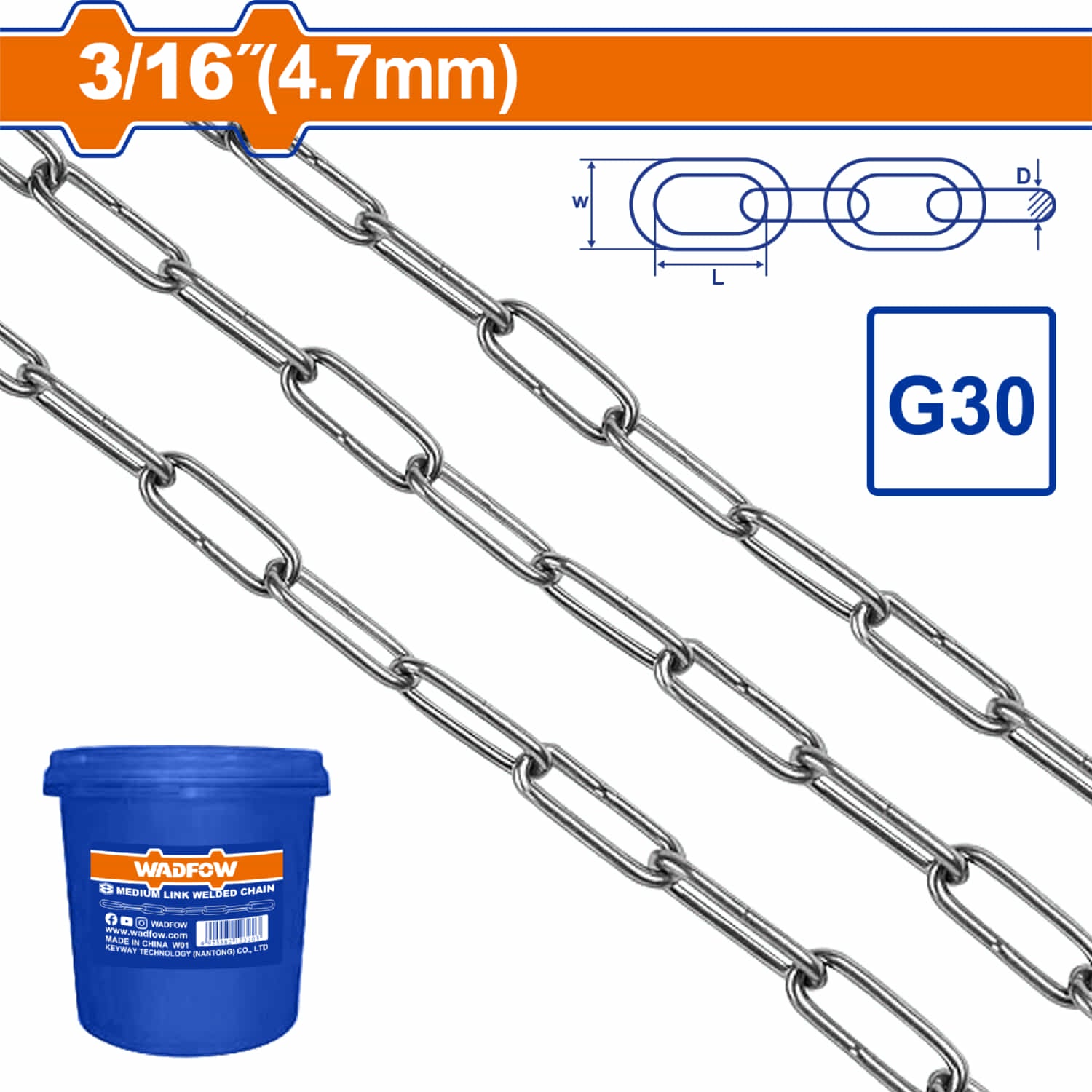 Cadena soldada grado 30 3/16" Longitud:50m