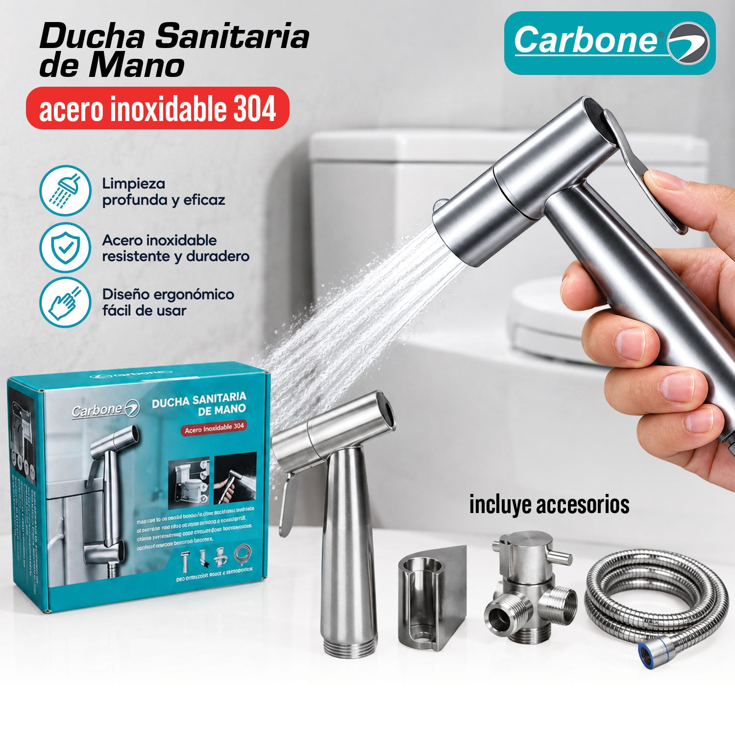 Ducha Sanitaria Tipo Teléfono de Acero Inoxidable 304 con Manguera 1.4m. Bidet de Mano para Inodoro con Válvula en T 3/8". Rociador Higiénico.