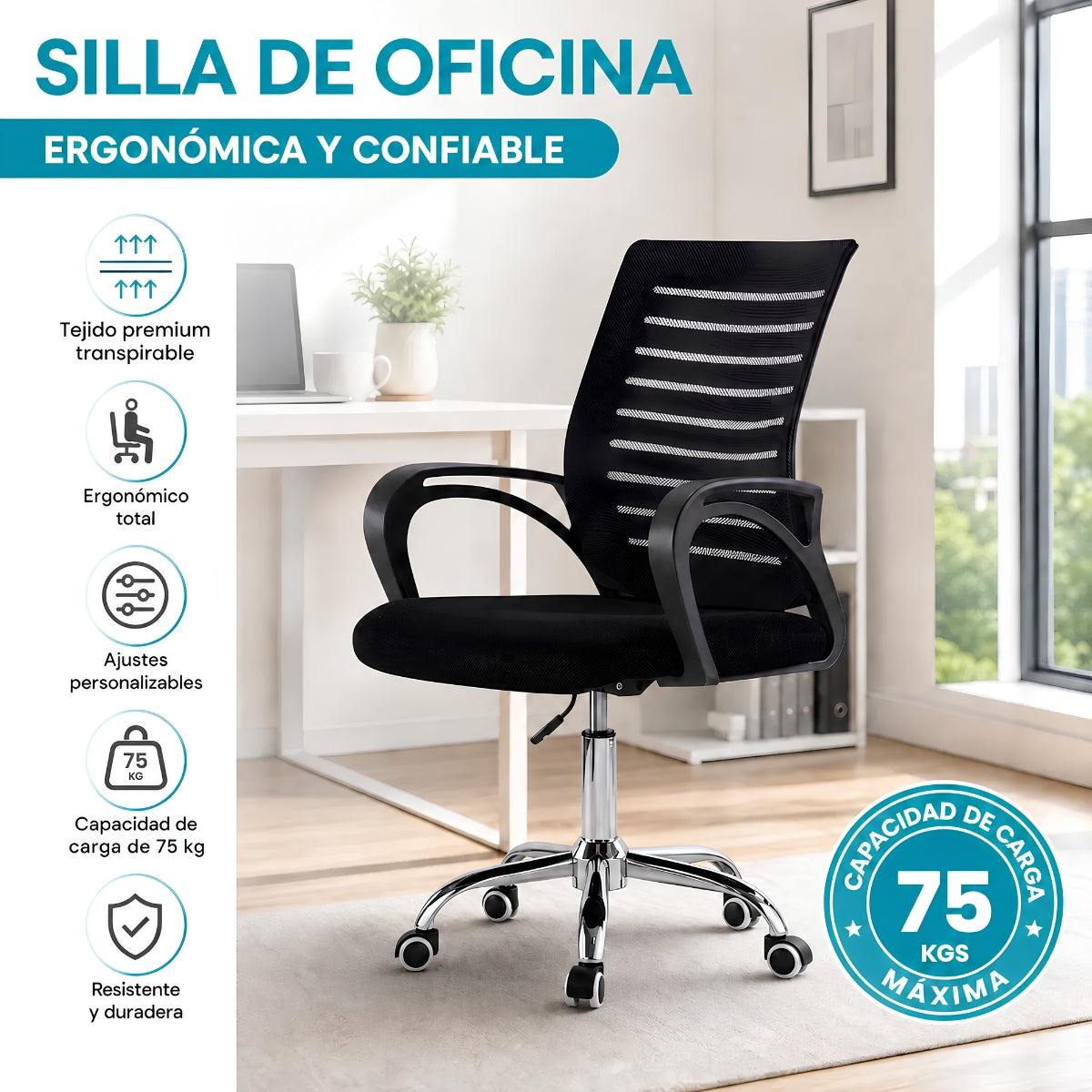 Silla de Oficina Negra con Altura Ajustable y Función Balanceo. Silla de Escritorio con Malla Transpirable y Base Metálica de 5 Puntas con Ruedas (48x60x88-96cm).