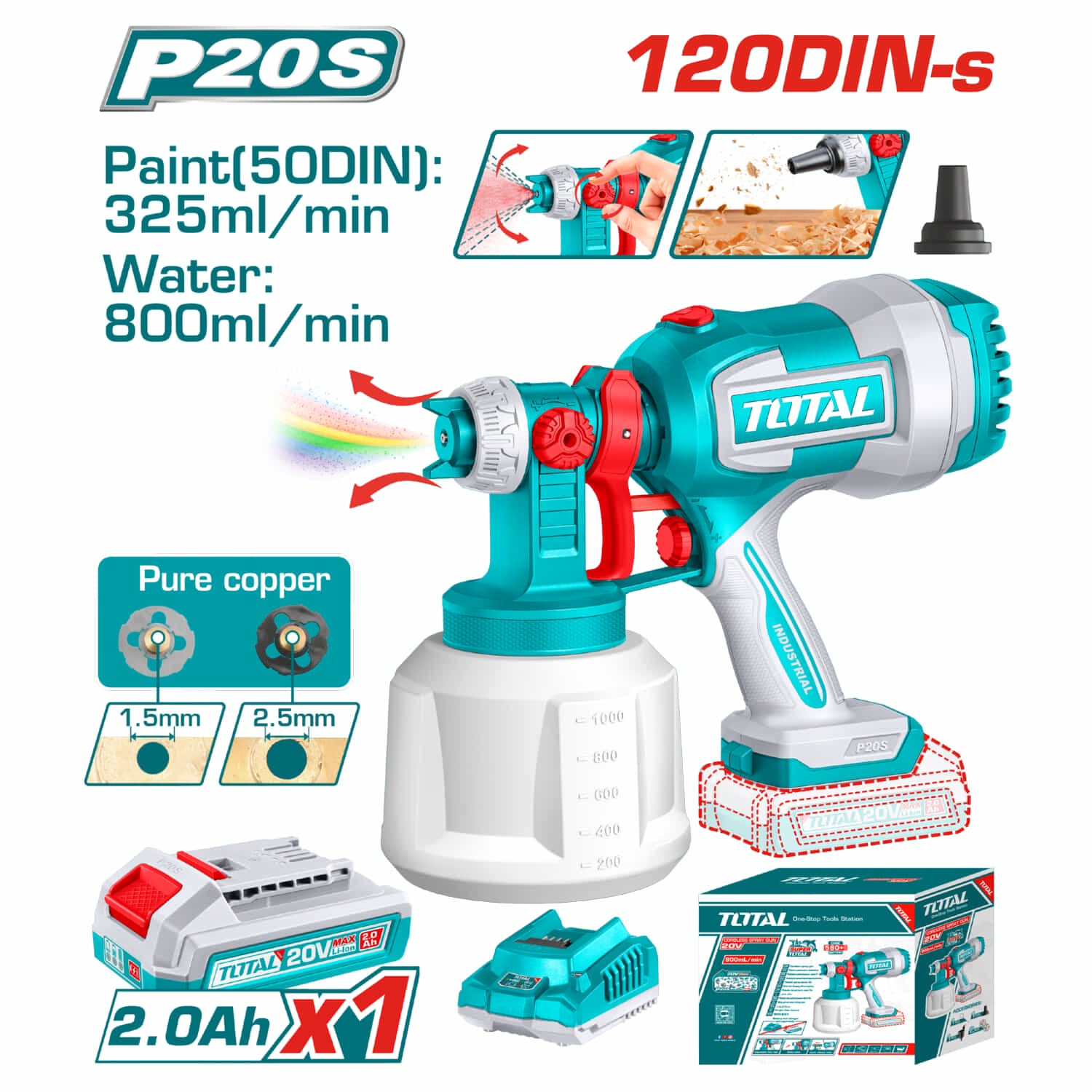 Pistola Para Pintar 20V Inalámbrica 800 ml/min. Contenedor de 1000ml. Incluye batería y cargador. Pulverizadora. Spray.