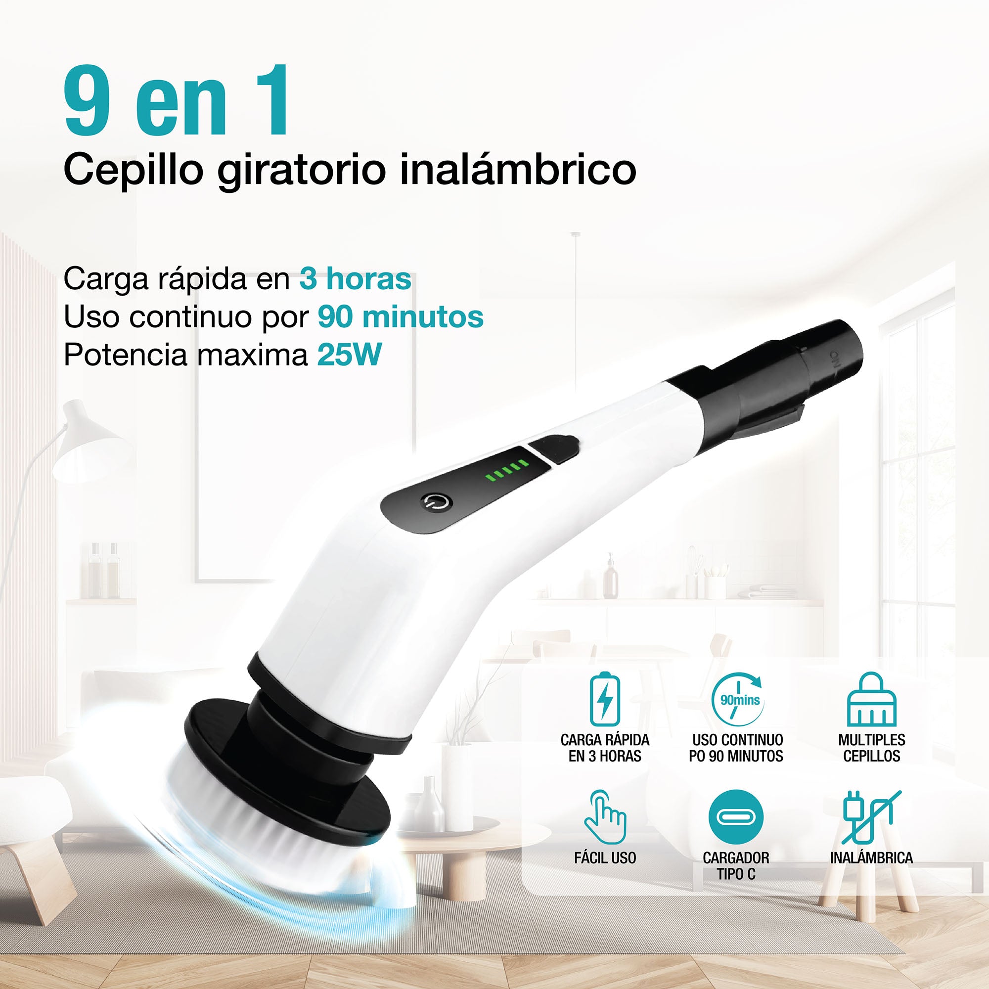Cepillo giratorio eléctrico de limpieza, multiusos, con 8 cabezales