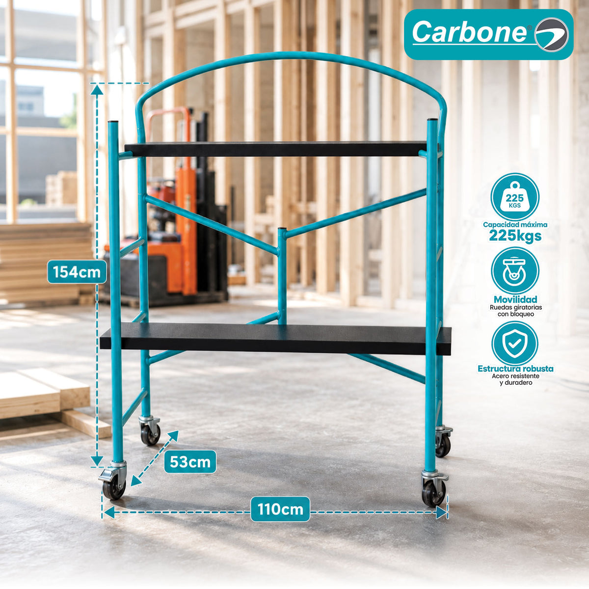 Andamio Plegable de Acero con Ruedas Giratorias con Freno y dos Plataformas. Capacidad 225 kg. Espesor 1.5mm. Color Turquesa.