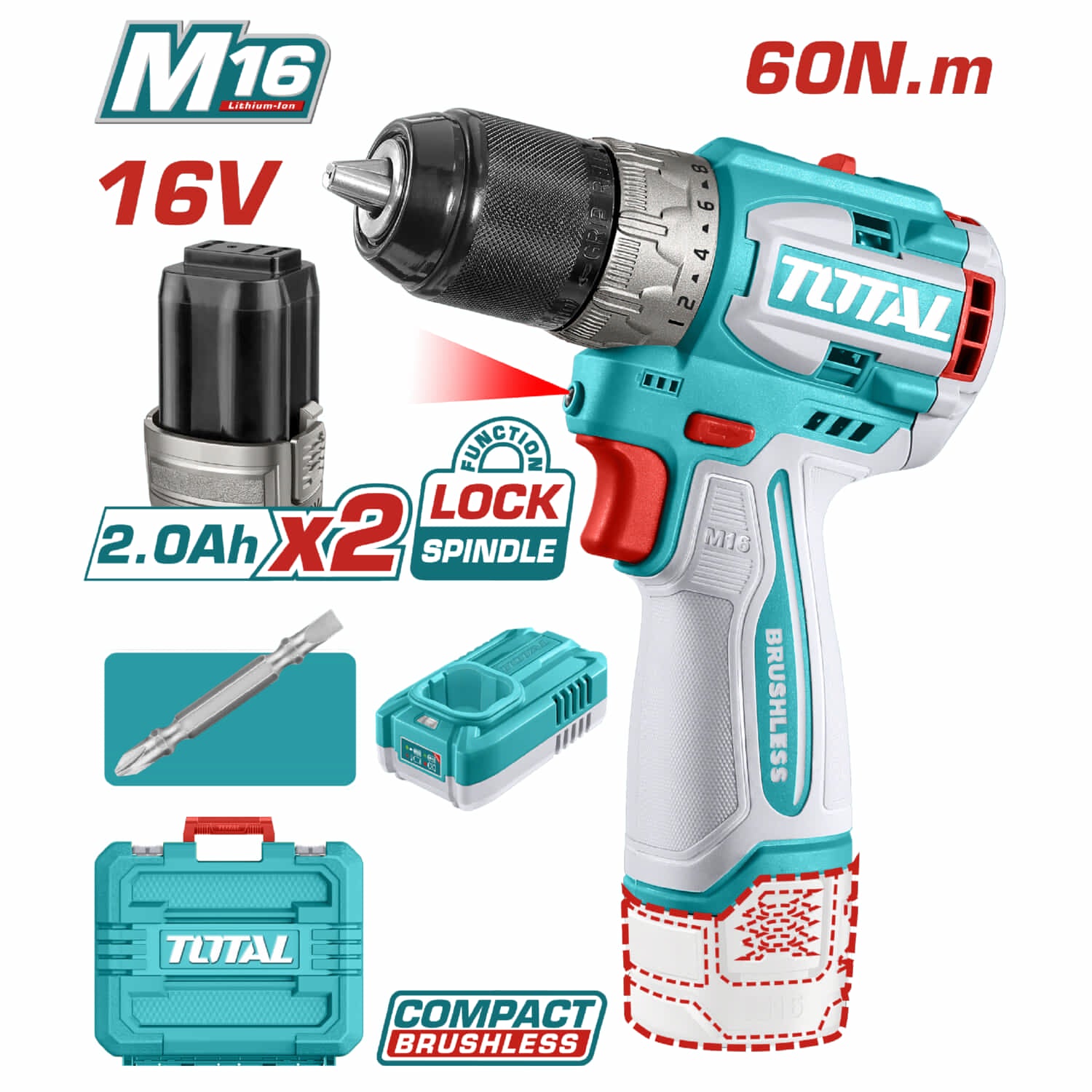 Drill Taladro Inalámbrico 16V 60N.m. 1/2" 2000 rpm Motor sin escobillas. Luz LED Incluye batería y cargador.
