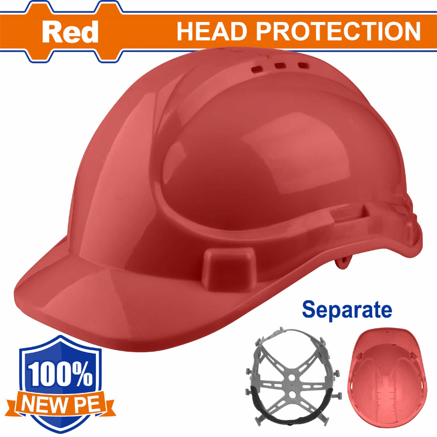Casco de seguridad color rojo. 6 puntos de suspension. Ajustable. Carcasa de PE. Incluye correa.