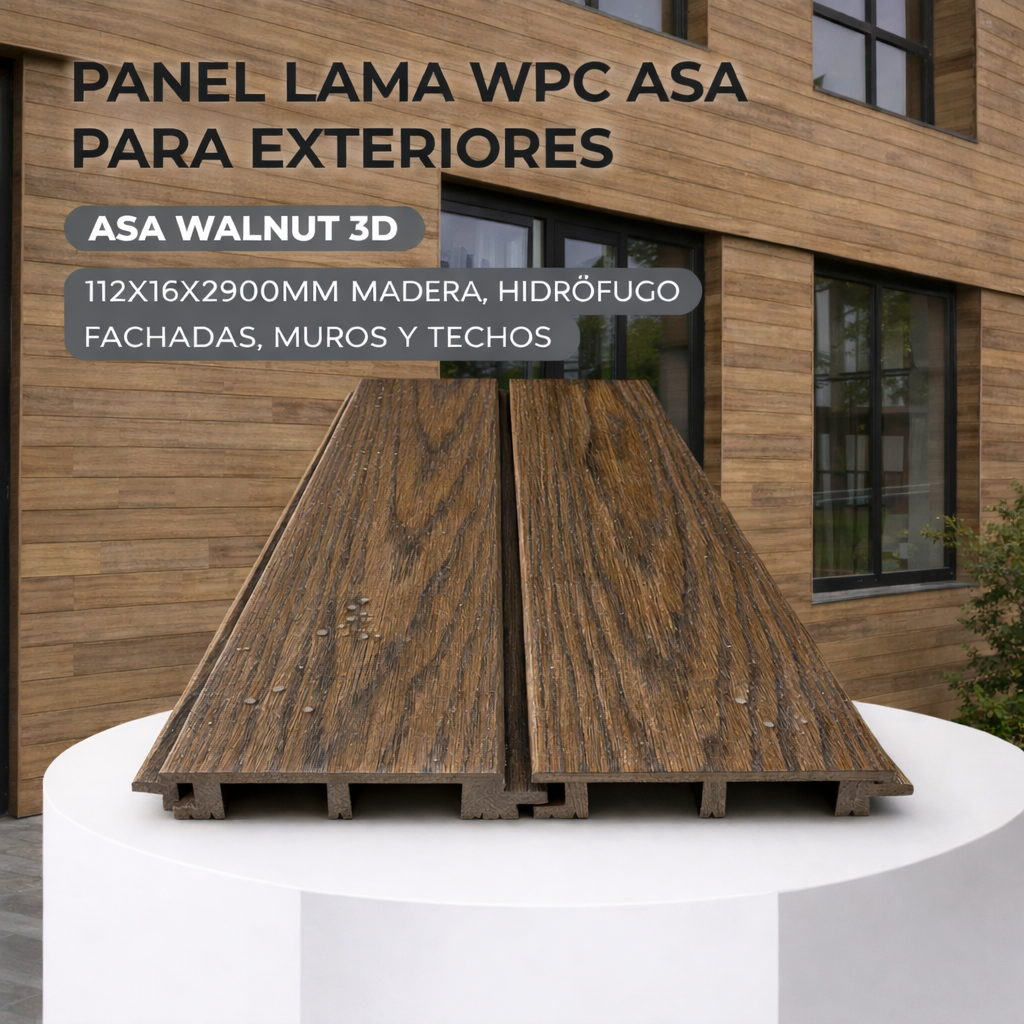Panel Lama WPC ASA Walnut 3D para exteriores 112x16x2900MM, Madera, hidrófugo fachadas, muros y techos