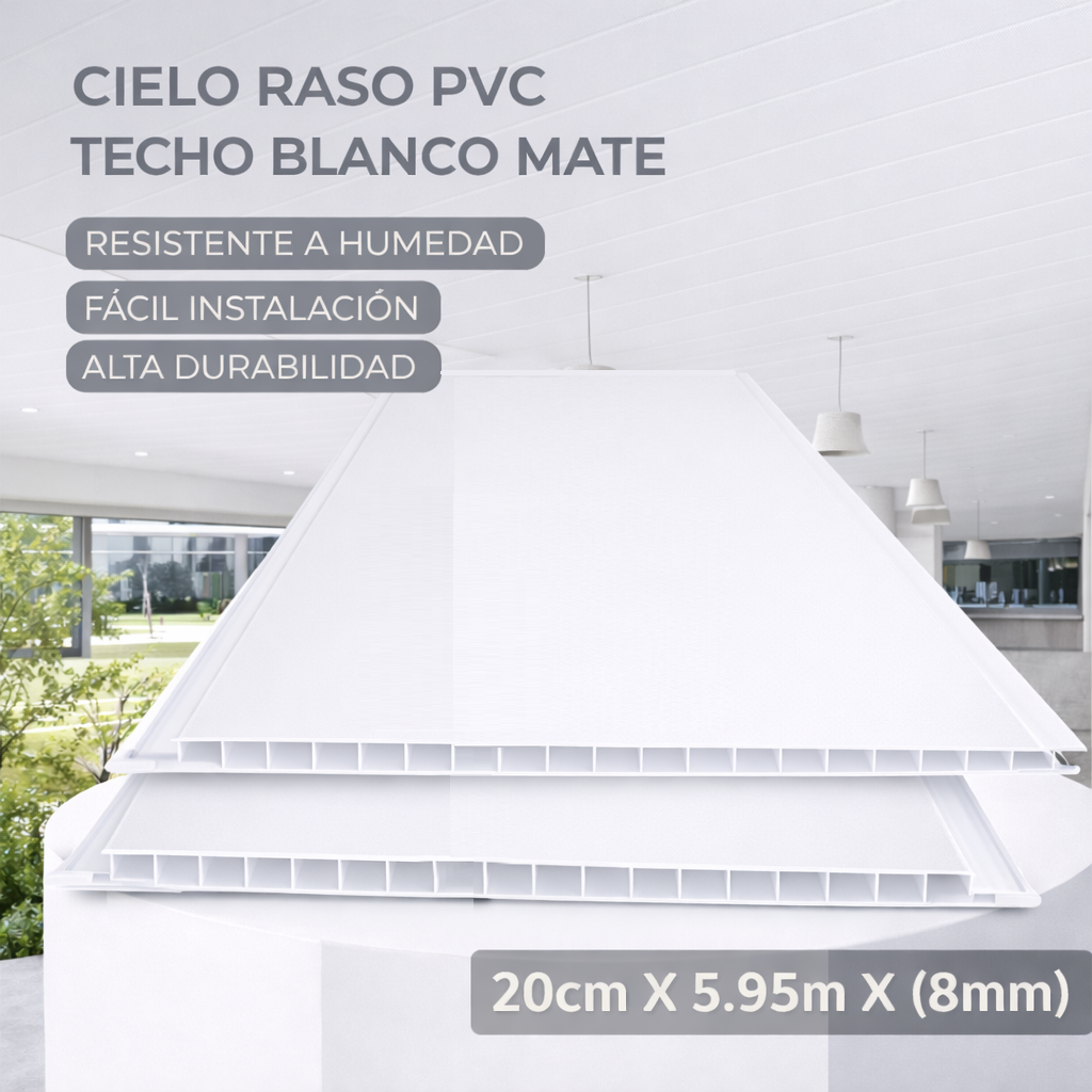 Cielo Raso PVC techo Blanco mate panel 20cm x 8mm x 5.95m Resistente a Humedad Fácil Instalación Alta Durabilidad
