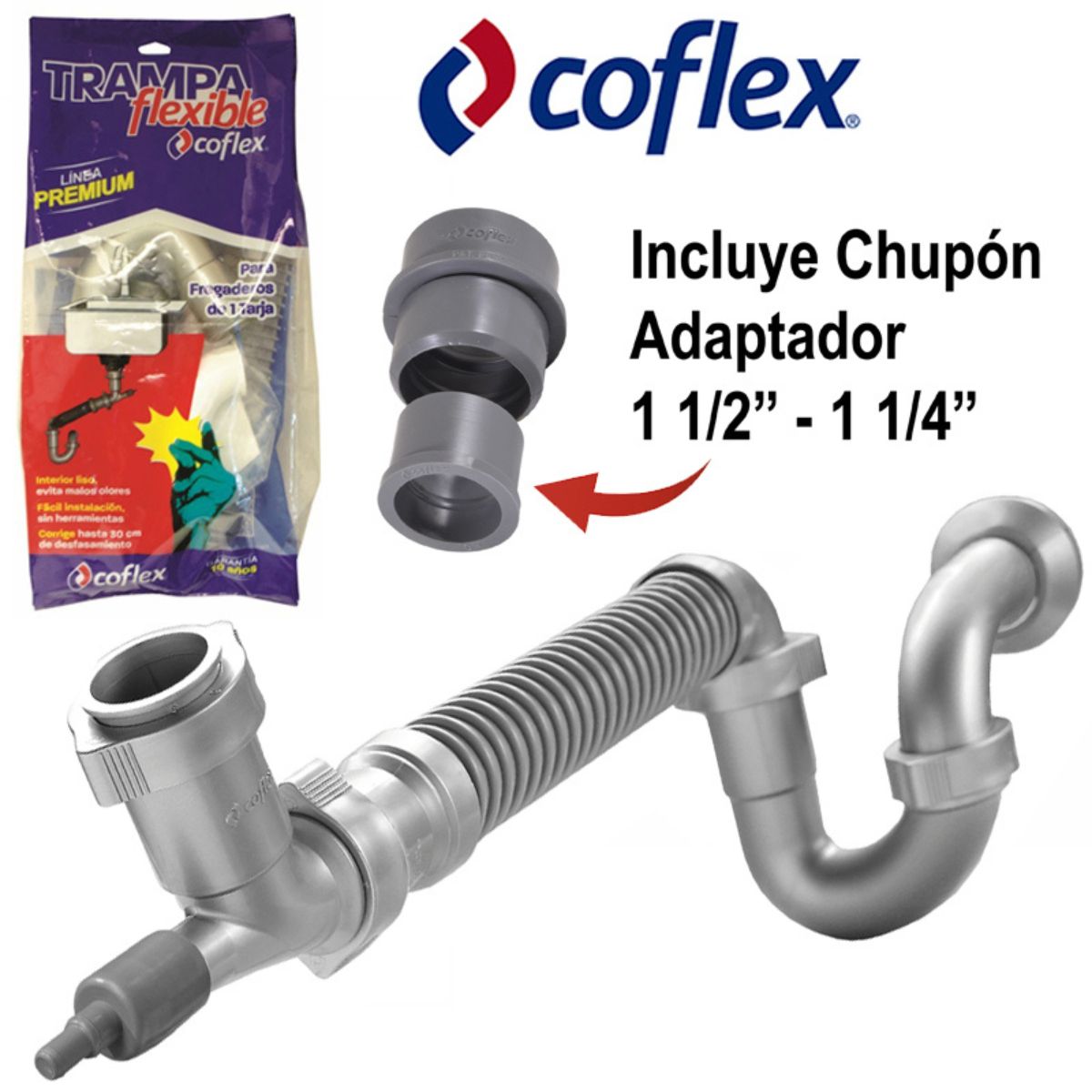 TRAMPA DESAGUE (5) "COFLEX" SENCILLA FLEXIBLE 1 1/2" adapt 1 1/4"