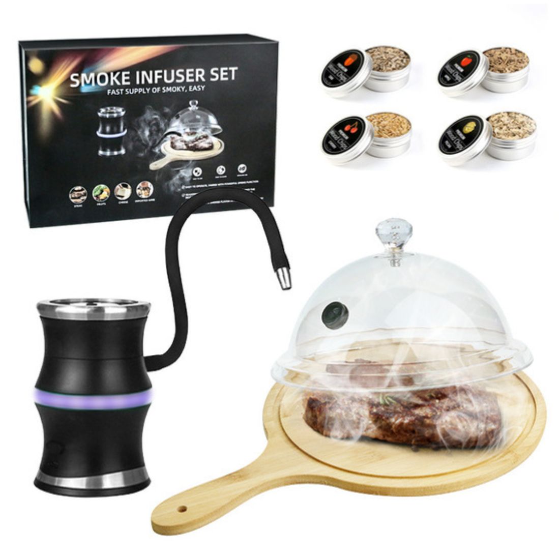Ahumador Eléctrico para Whisky y Alimentos. Con Campana Acrílica, Manguera Flexible y Virutas de Madera. Infusor De Humo Profesional con 3 Velocidades y Carga USB