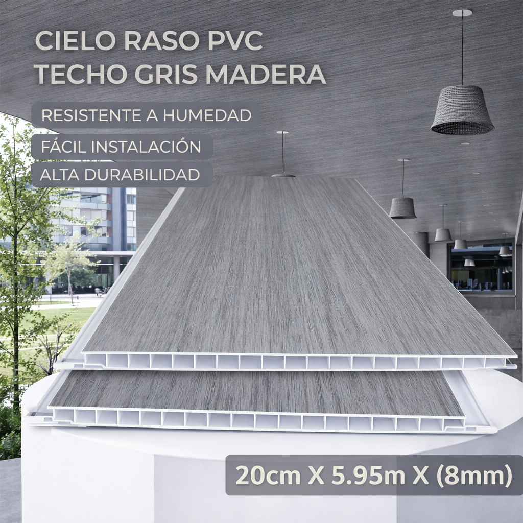 Cielo Raso PVC techo Gris madera panel 20cm x 8mm x 5.95m Resistente a Humedad Fácil Instalación Alta Durabilidad