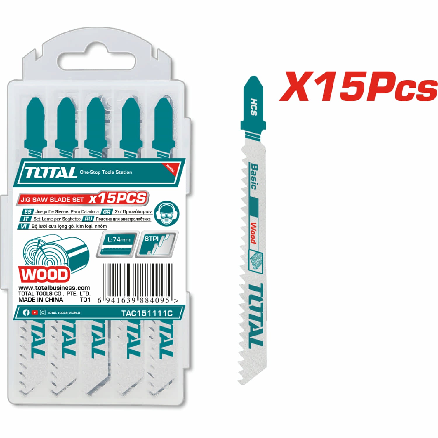 Hojas para sierra caladora Tipo T111C para madera. 74mm. (8 dientes por pulgada) Set de 15