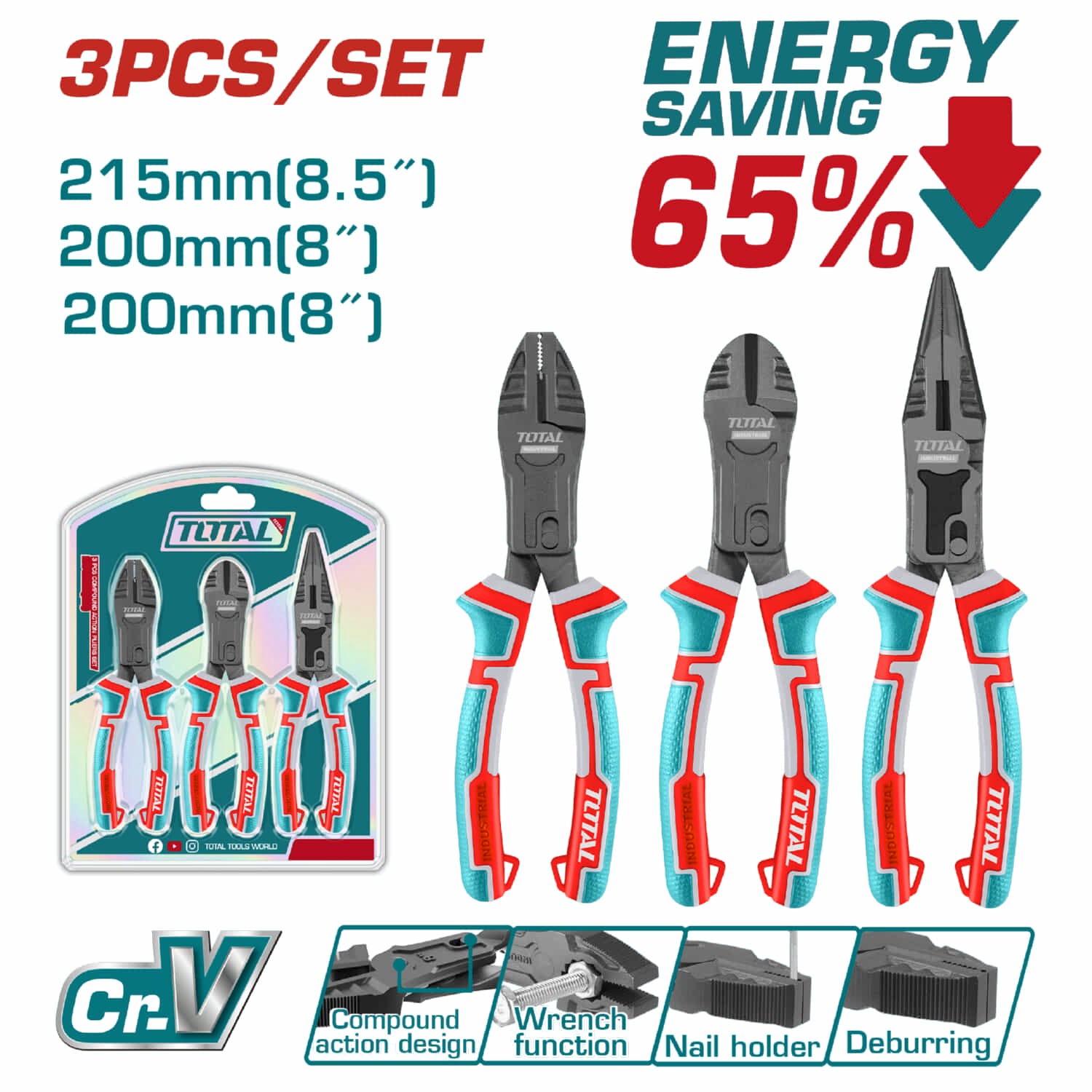 Alicates de Combinacion de 8", de Punta larga de 8.5", de corte diagonal de 8". Se vende en set. Salva 65% de fuerza