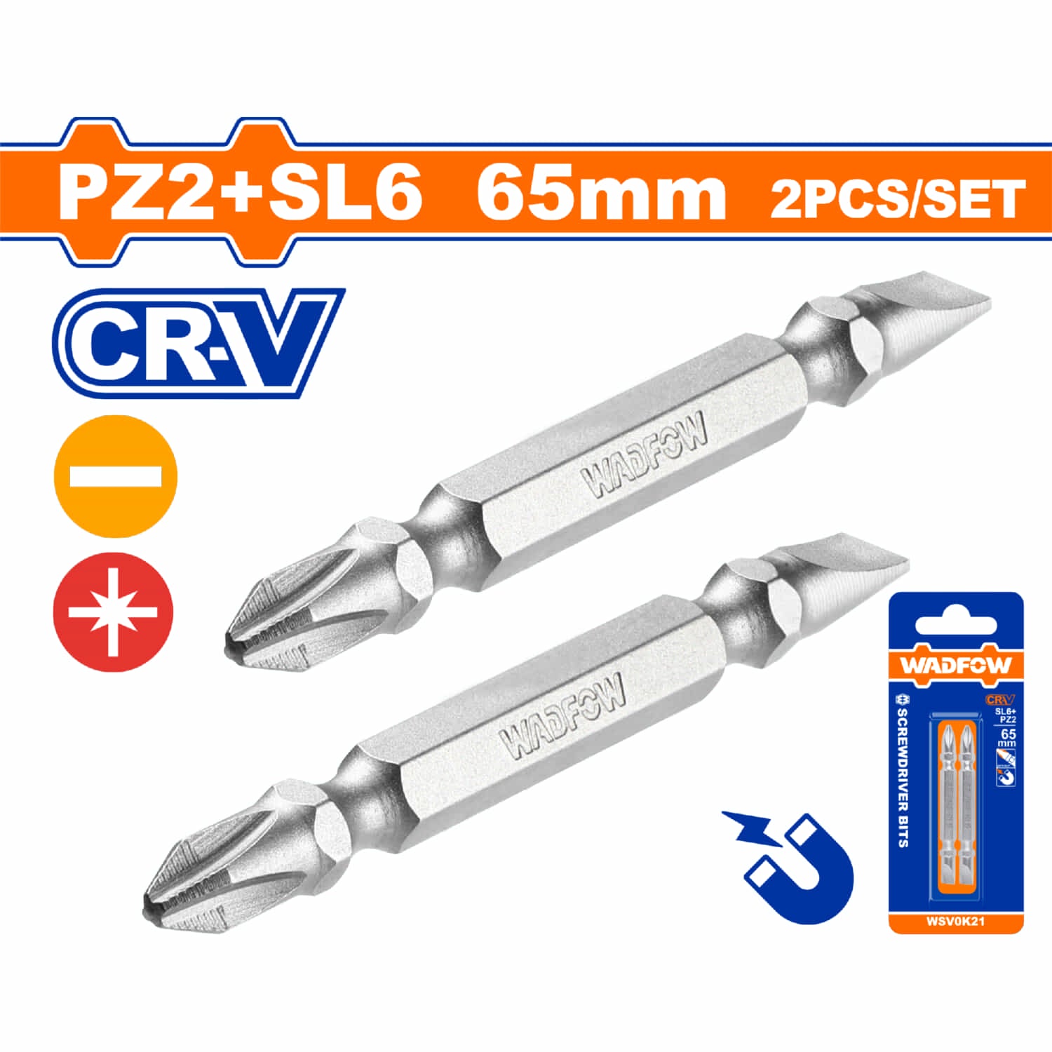 Puntas de destornillador PZ2+SL6 65mm.CR-V. Set 2 pzas. Punta magnética. Tipo Pozidrive y Plano.