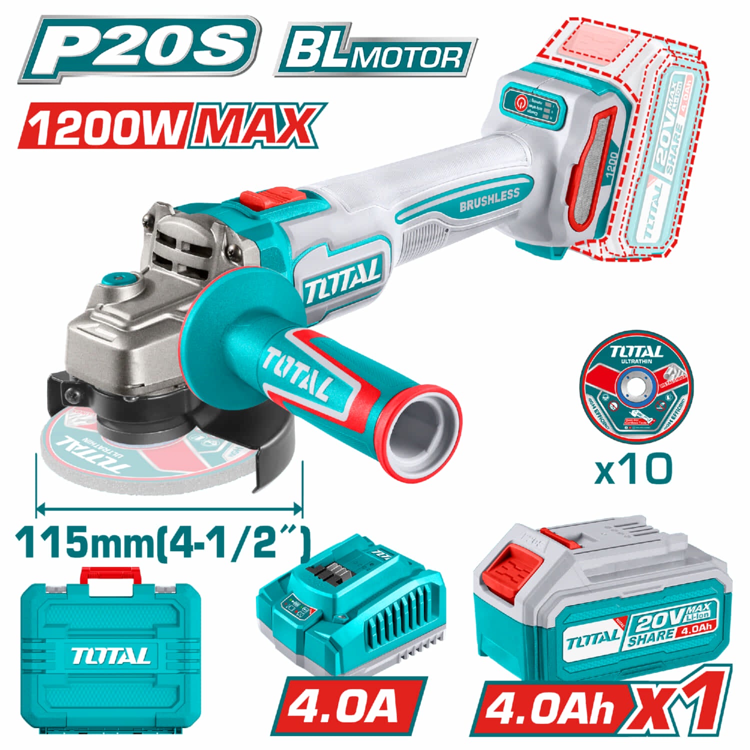 Flexible esmeriladora Inalámbrica 4 1/2" 20V Potencia de entrada: 1200W Incluye discos, batería, cargador y estuche. Esmeril angular