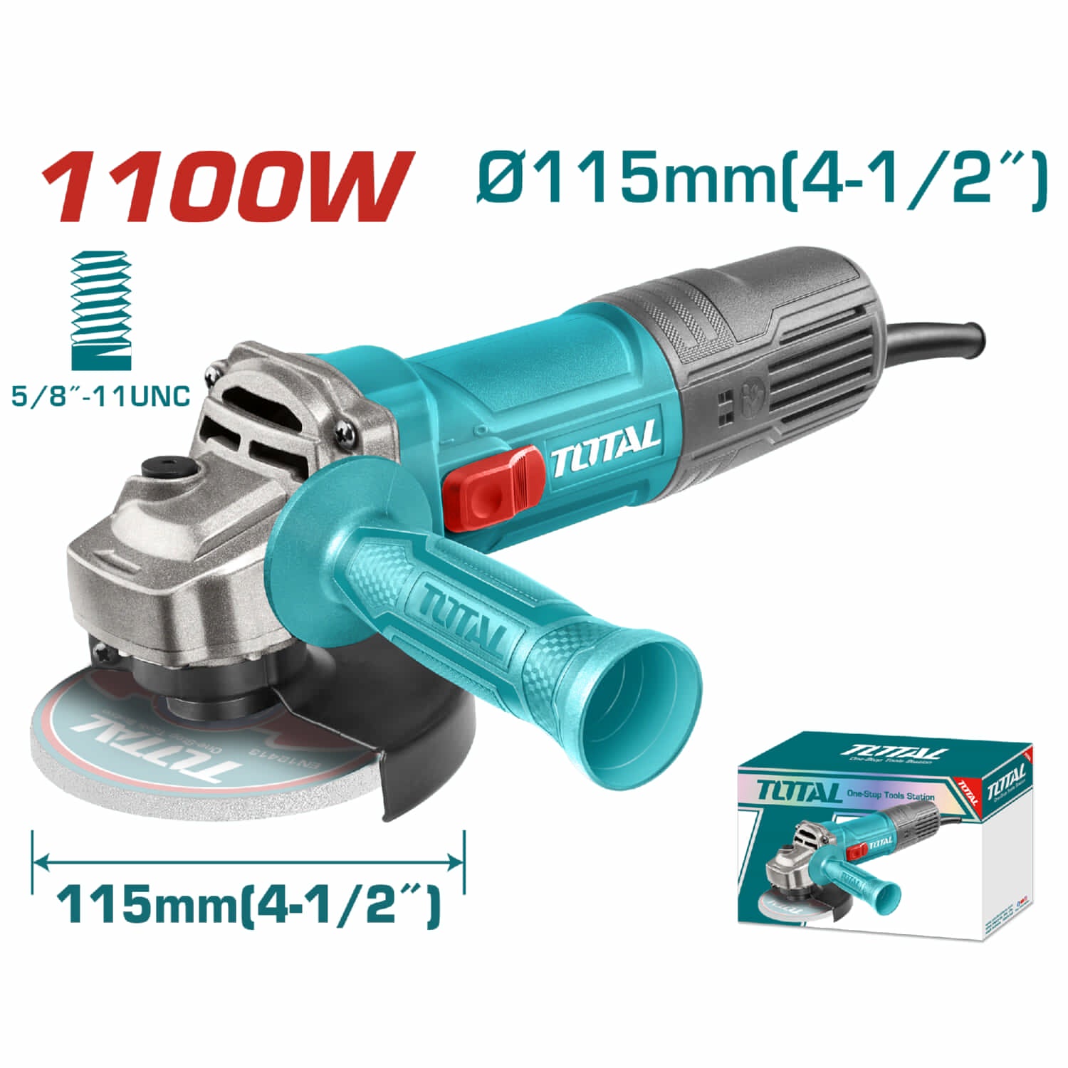 Esmeriladora Angular 1100W flexible. Velocidad sin carga: 12000rpm. Diámetro del disco: 4-1/2" Rosca del husillo: 5/8"-11UNC Con mango auxiliar. No incluye disco.