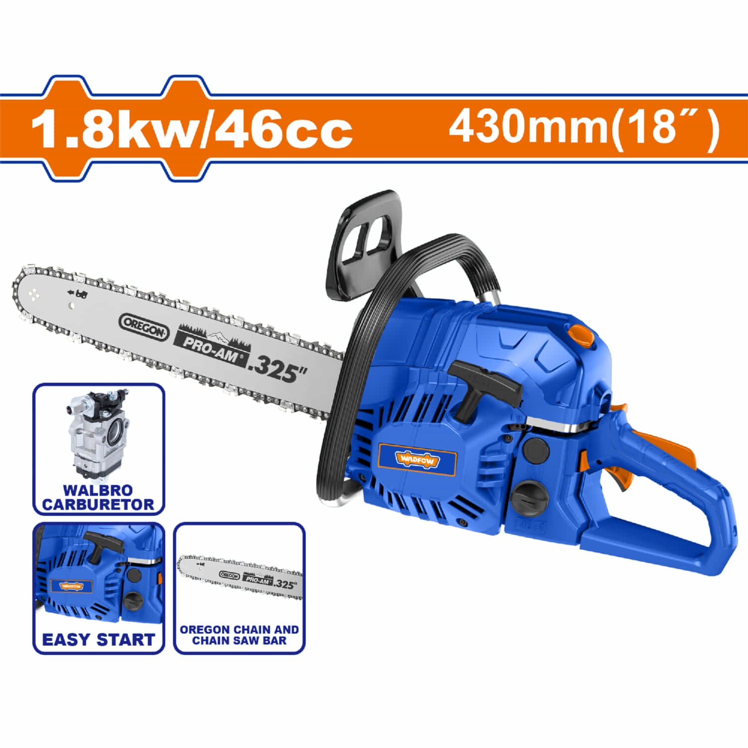 Motosierra de Gasolina 46cc de 18". Tanque gasolina 550ml Tanque aceite 260ml ( carburador Walbro y cadena/espada Oregon ) (Top quality)