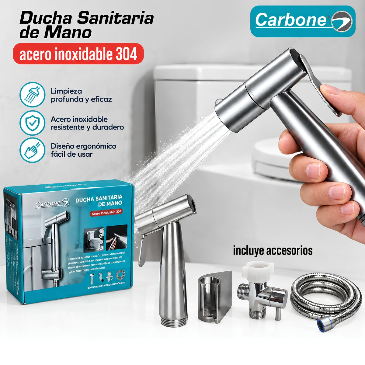Ducha Sanitaria Tipo Teléfono de Acero Inoxidable 304 con Manguera 1.4m. Bidet de Mano para Inodoro con Válvula en T 3/8". Rociador Higiénico.