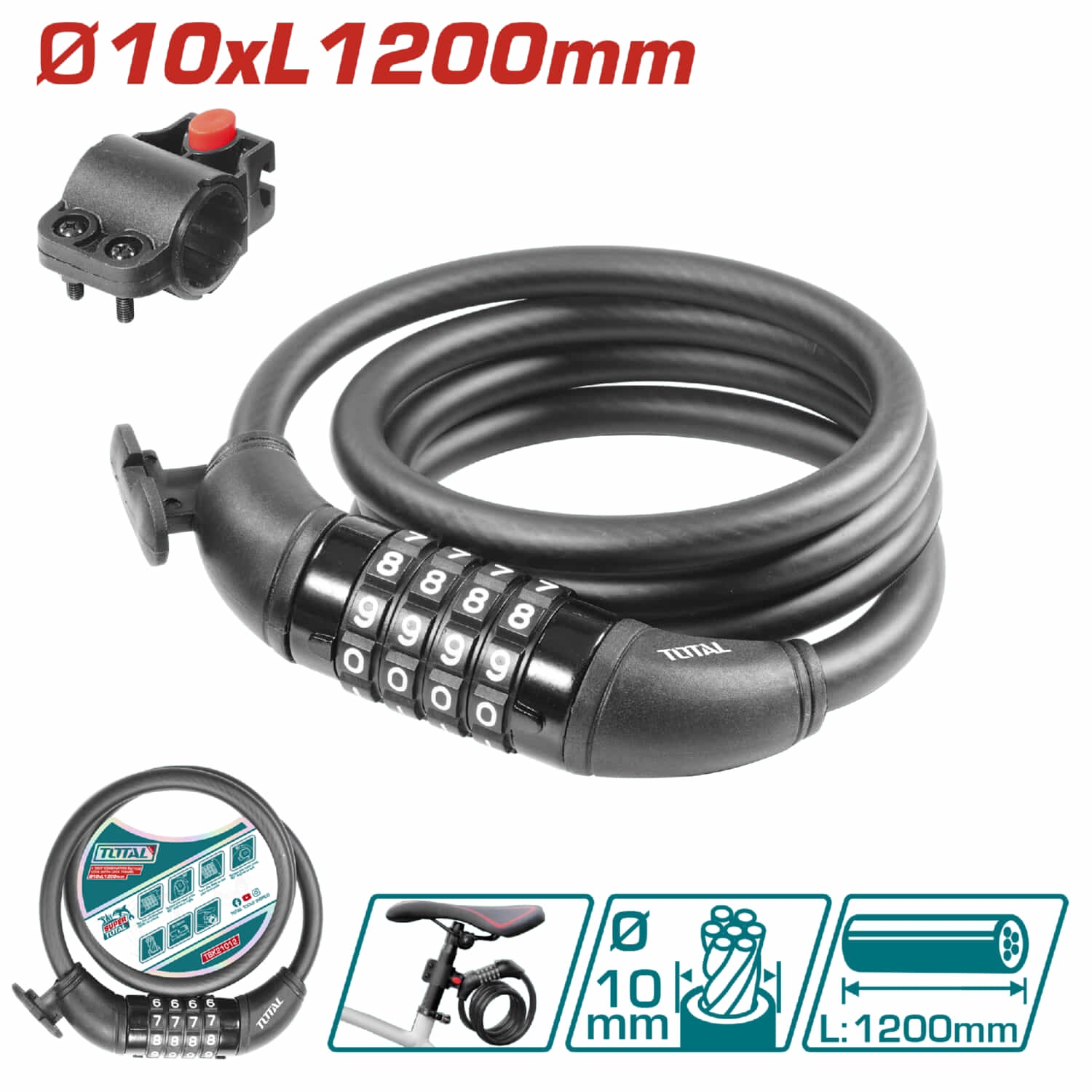 Cadena de seguridad para bicicleta 10 x 1200mm. Combinación de 4 digitos. Incluye porta candado.