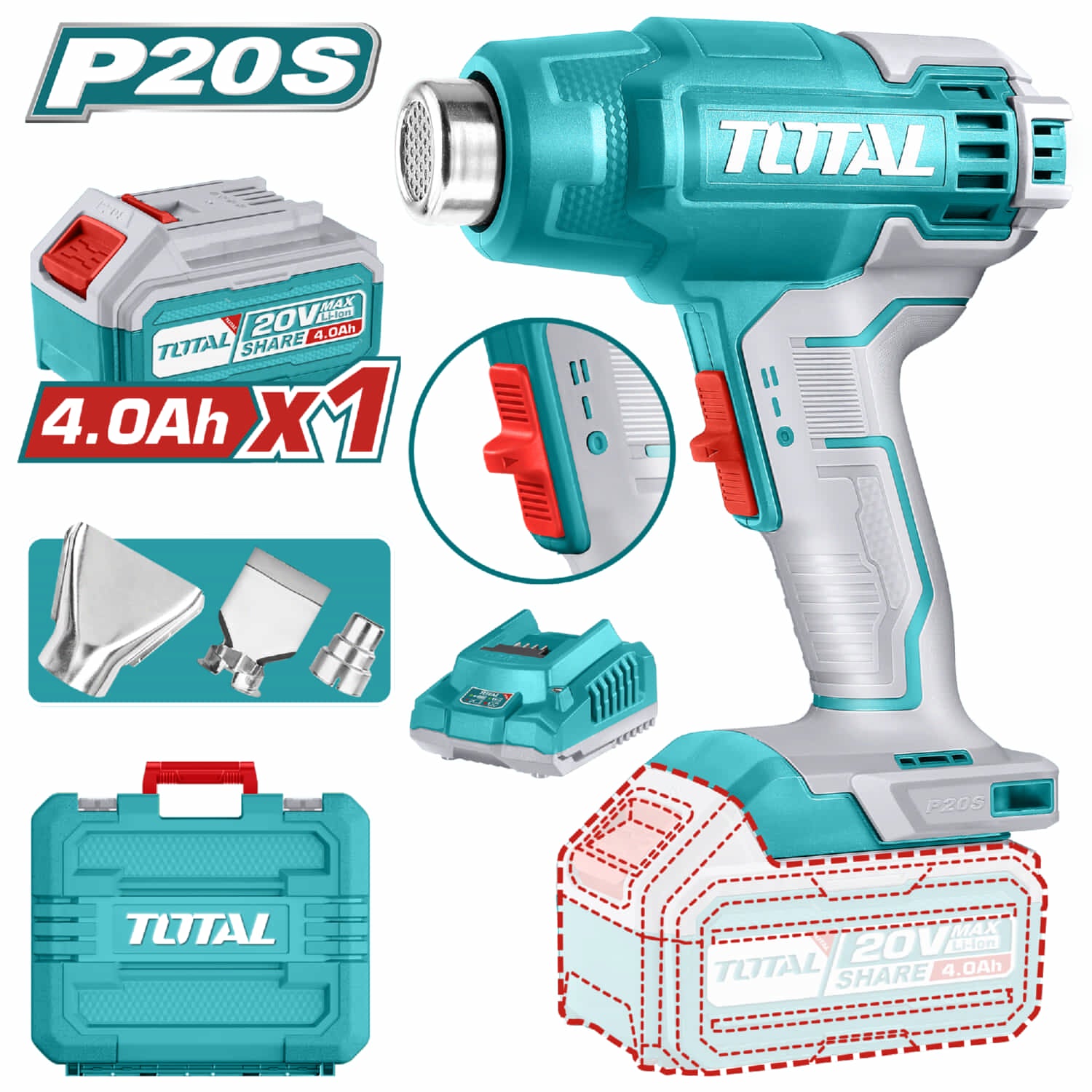 Pistola de calor 20V 300/550°C Flujo de aire: 100/200 L/min Incluye Batería y cargador. Blower