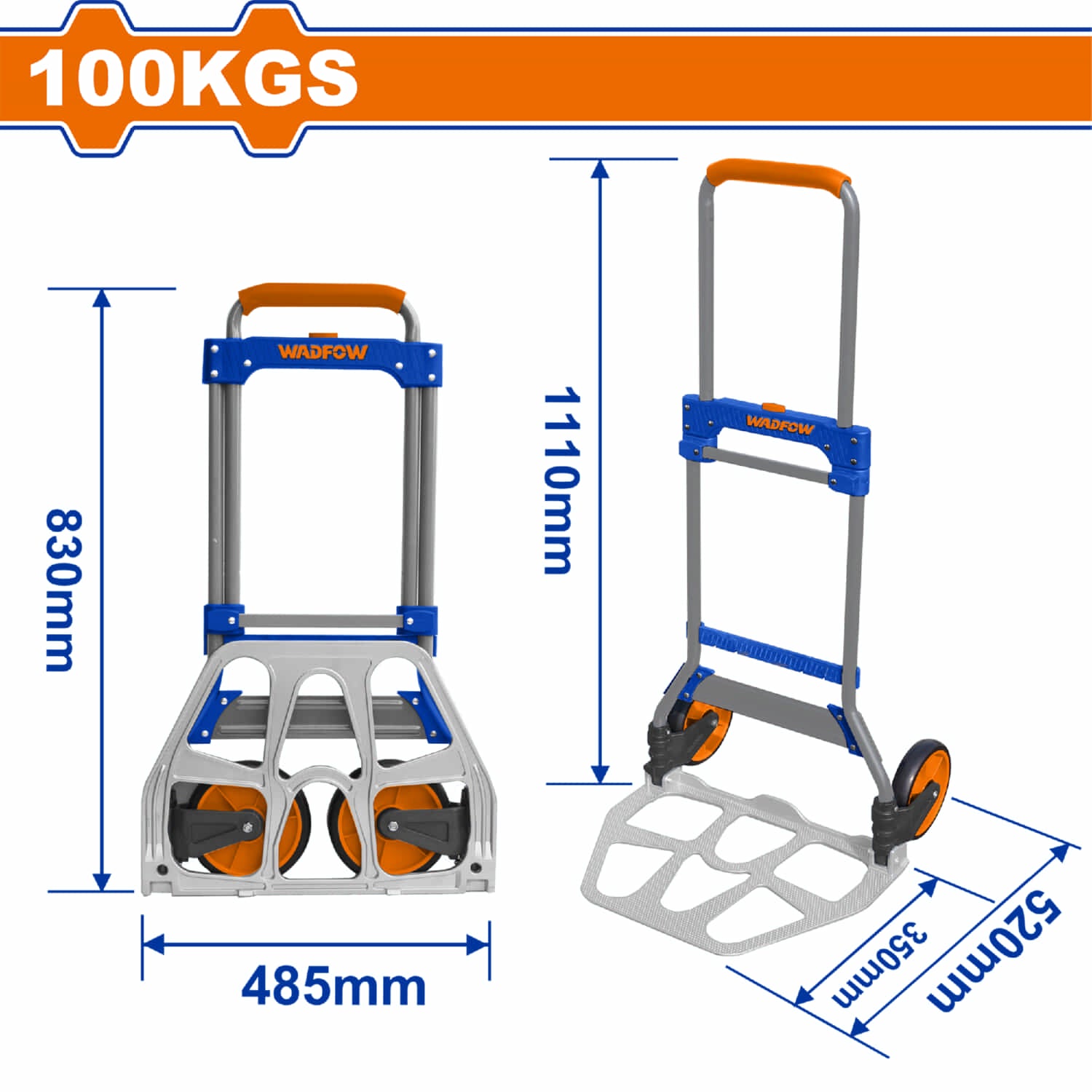 Carretilla plegable 100 kgs. Extendido: 520x485x1110mm Plegado: 60x485x830mm Trolley carga