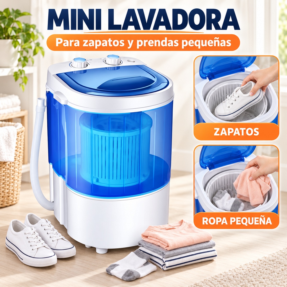 Lavadora Portátil 5L, 110V. Compacta y Eficiente para Espacios Pequeños. Mini Lavado Semiautomático.