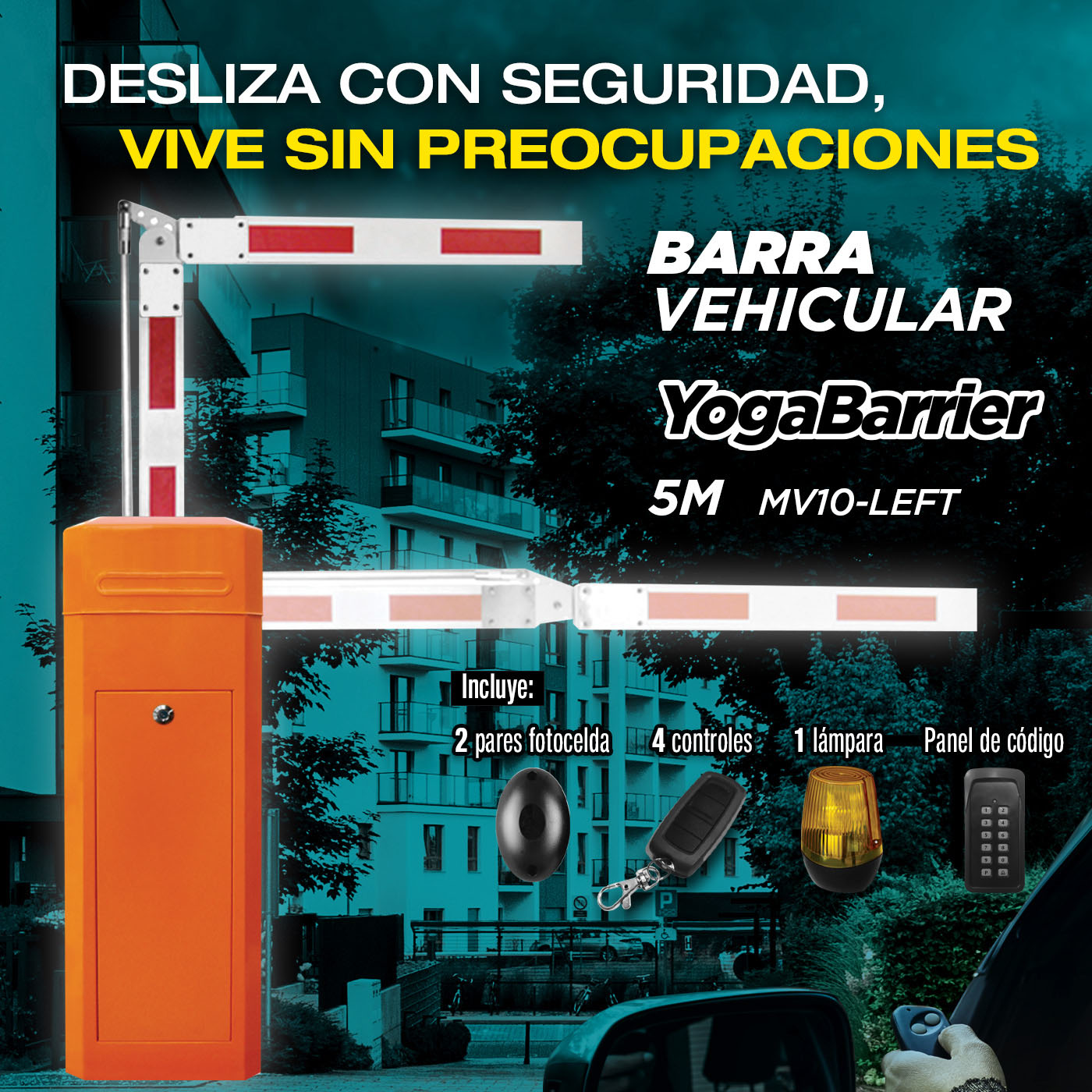 Barrera vehicular izquierda con brazo retraible de 5m 110V/60hz(2años)