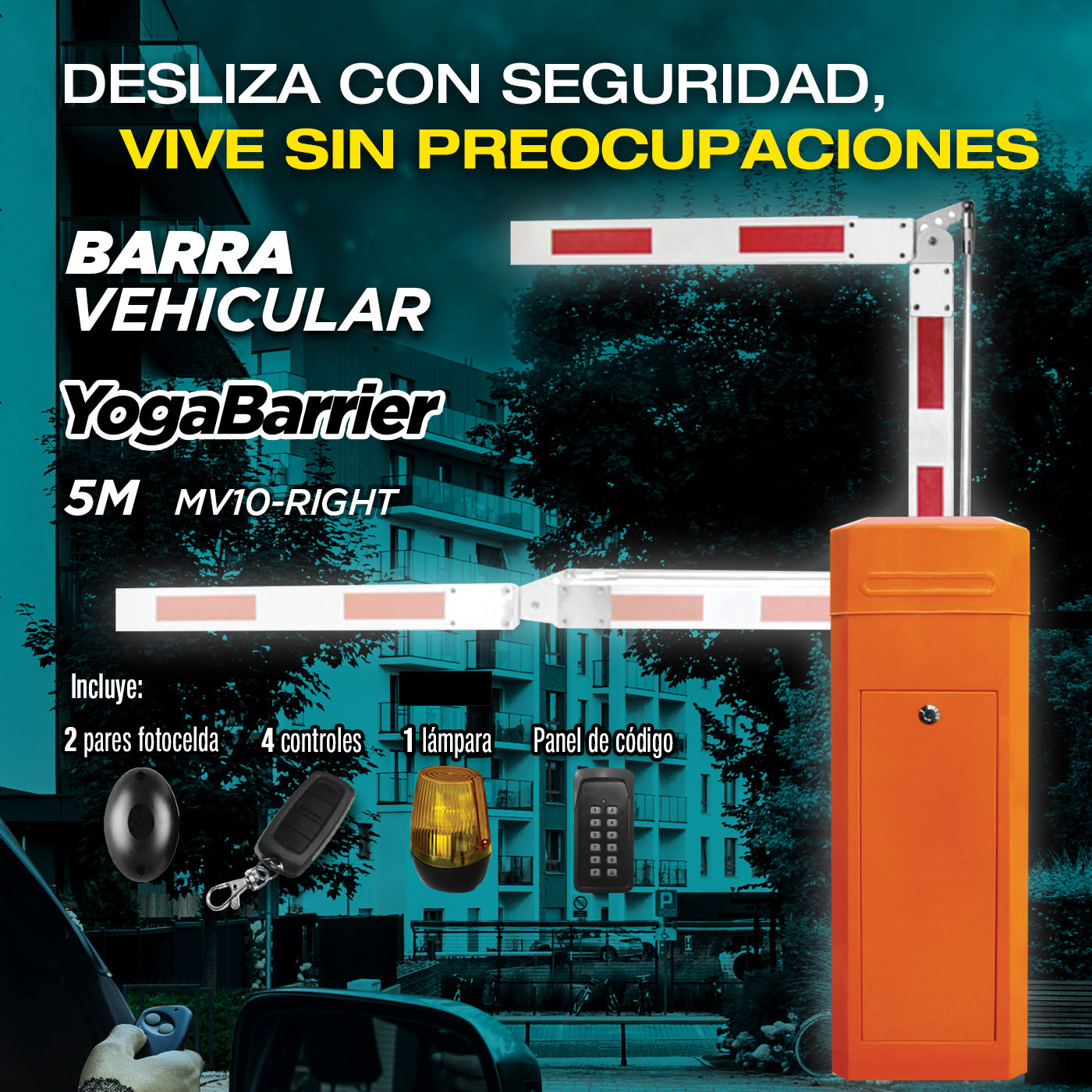 Barrera vehicular derecha con brazo retraible de 5m 110V/60hz.(2años)