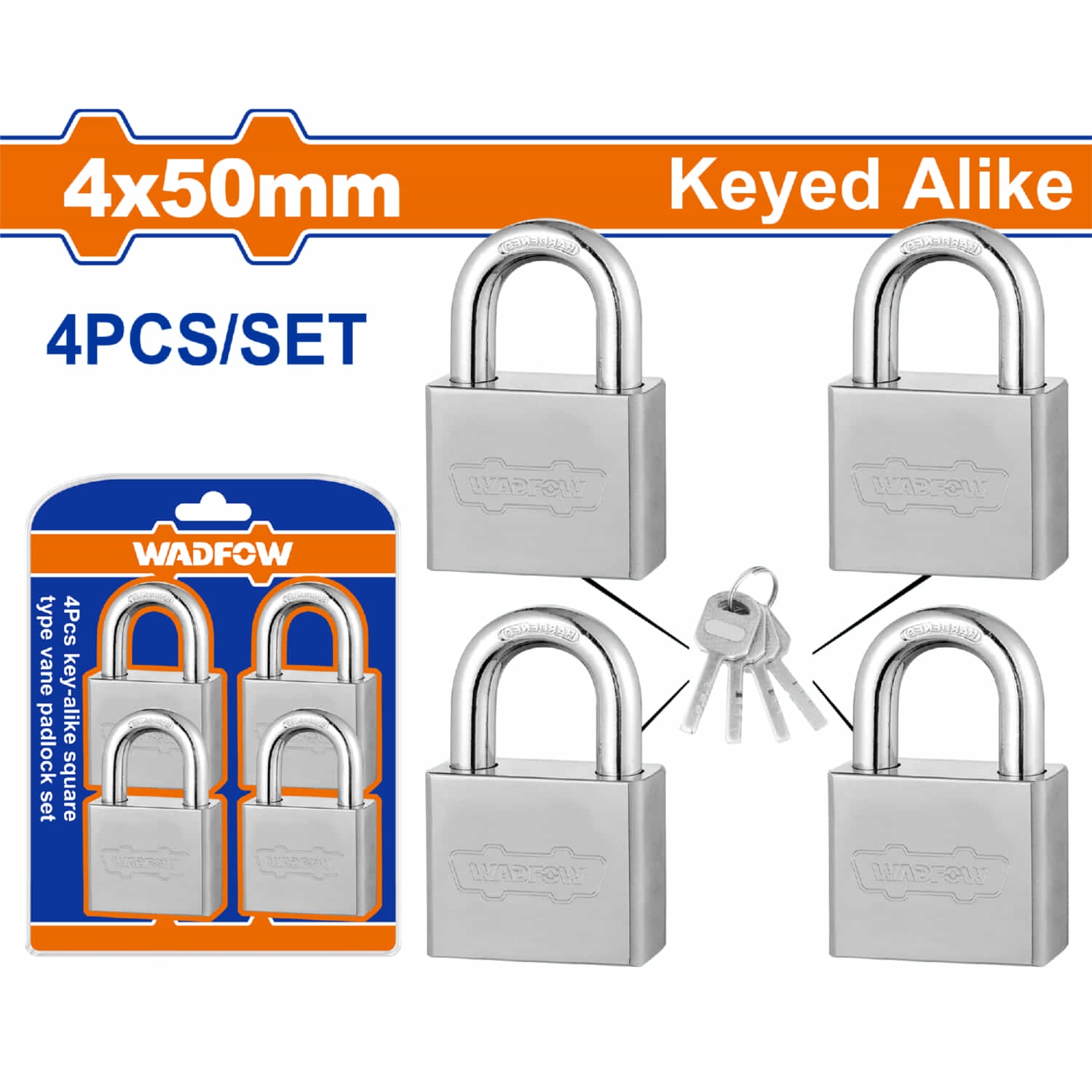 Candados con aleta tipo cuadrado de 50mm. Incluye 4 candados y juego de 4 llaves único.
