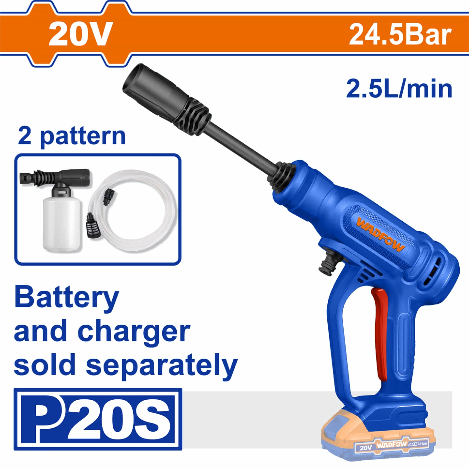 Hidrolavadora Inalámbrica 20V 2.5L Portátil. Presión 24.5 Bar. Batería y cargador por separado.