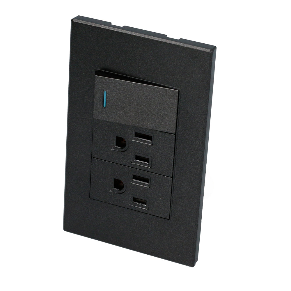 Interruptor/Enchufe con 1 apagador y 2 contactos negro 1/3 Surtek.