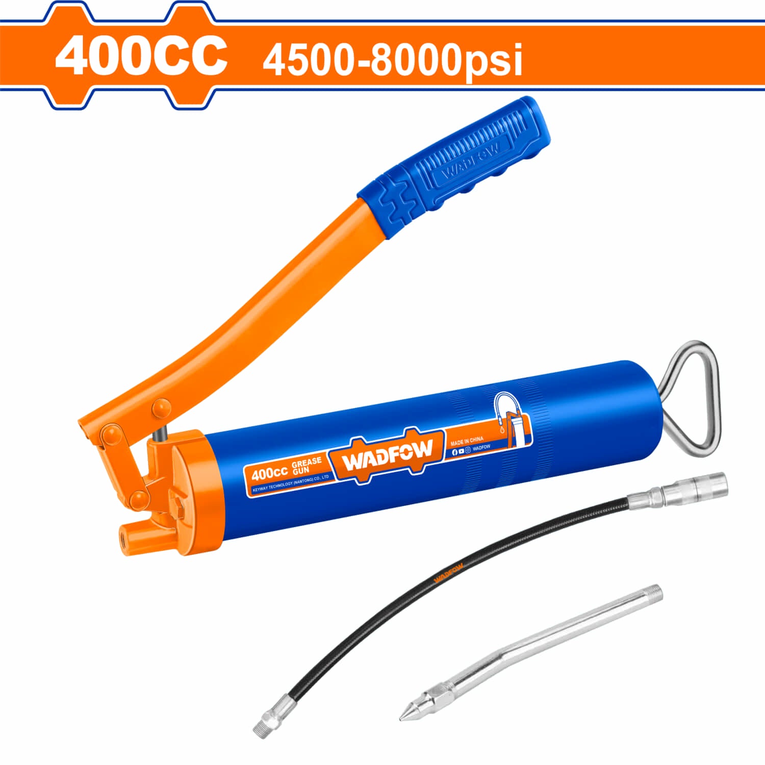 Pistola de Engrase 400cc Presión:4500-7000 psi. Incluye: 1 manguera y 1 pico metálico.