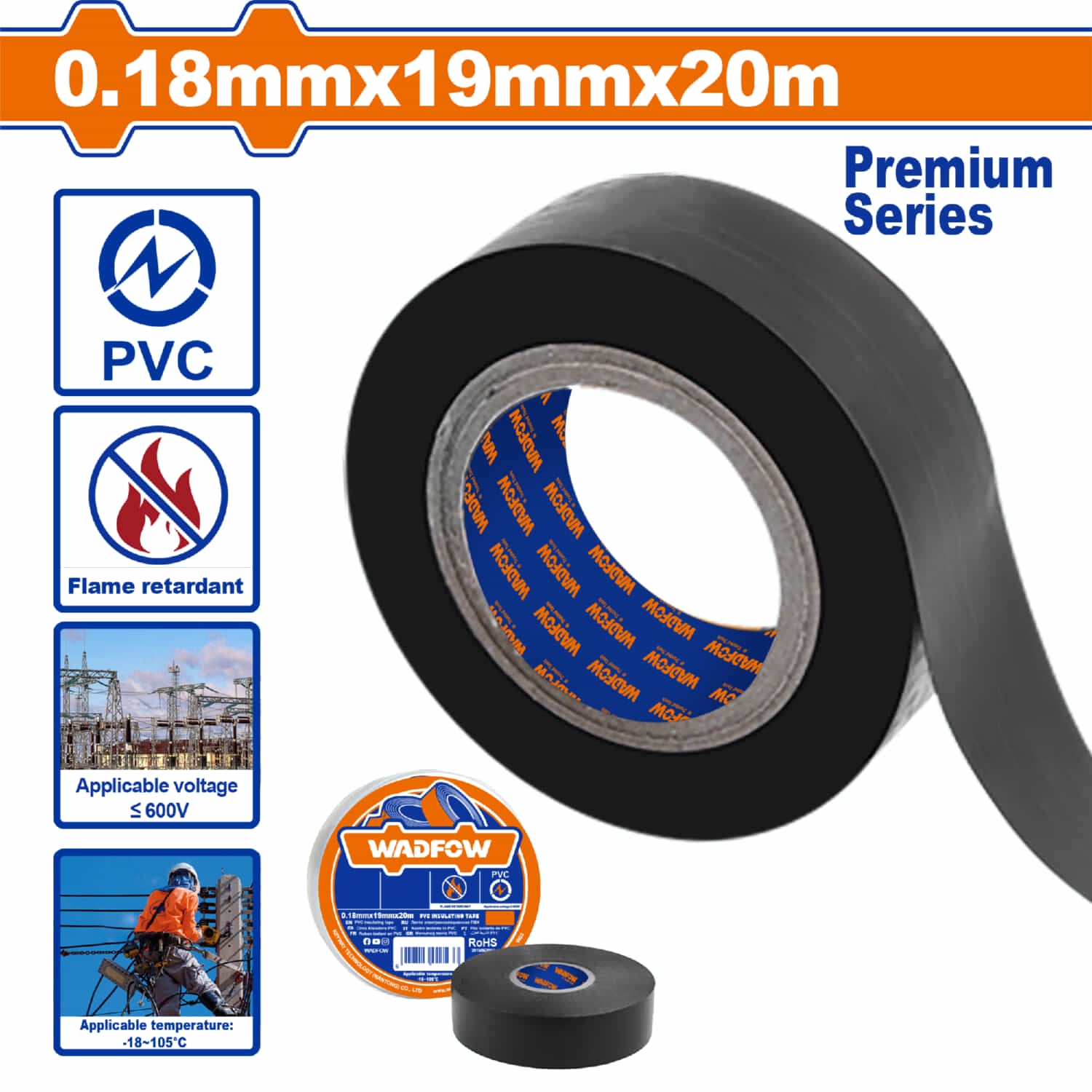 Gutapercha Tape Eléctrico de PVC puro 19mmx20m Color: Negro Cumple con la certificación UL SAA ROSH 2.0 Sim 3M 33+