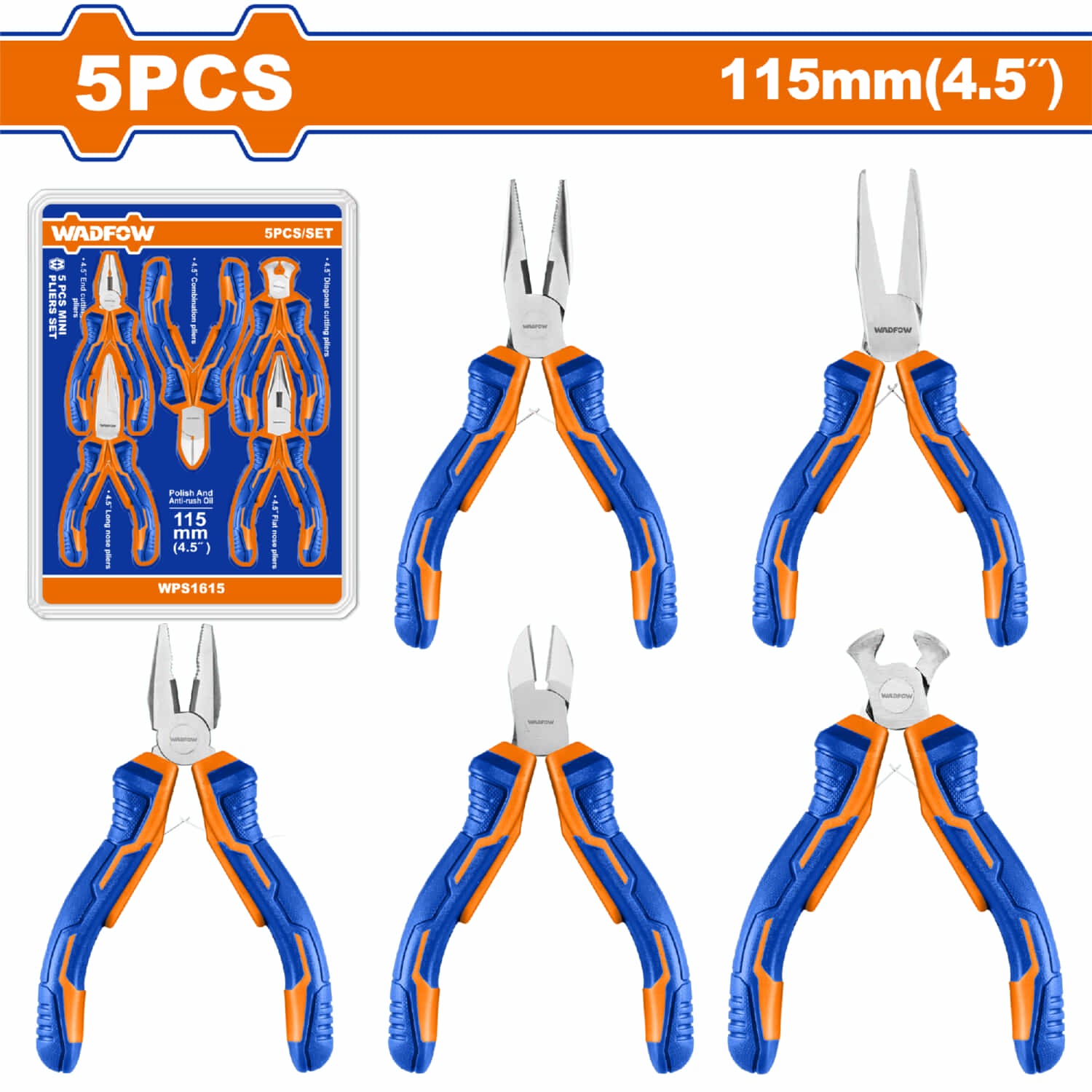 Mini Alicates 4.5"(combinados, diagonal, larga,final,plana) Set de 5. Mango de plástico.