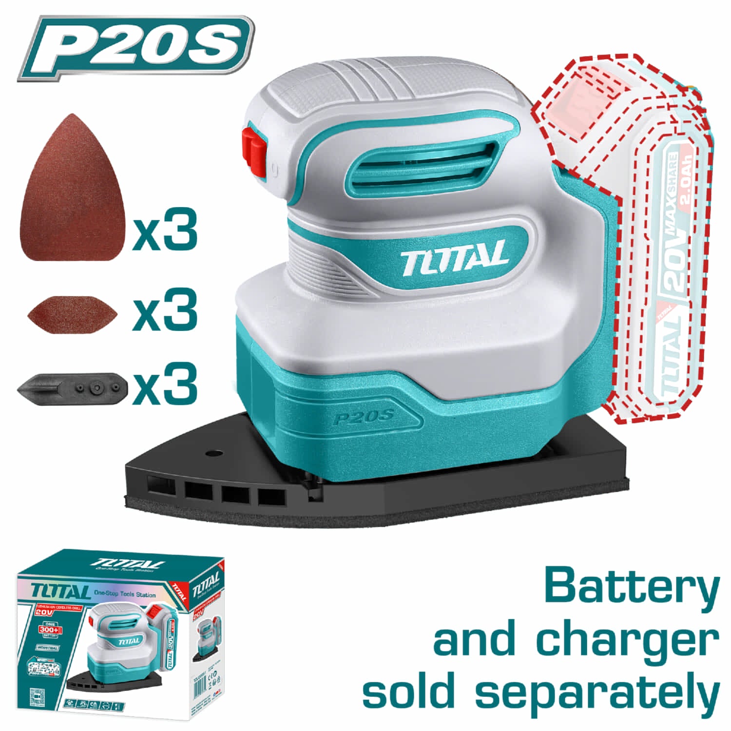 Lijadora delta triangular orbital de Mano Inalámbrica 20V 12000rpm. de palma Incluye 3 hojas. Batería y cargador por separado. Super Total