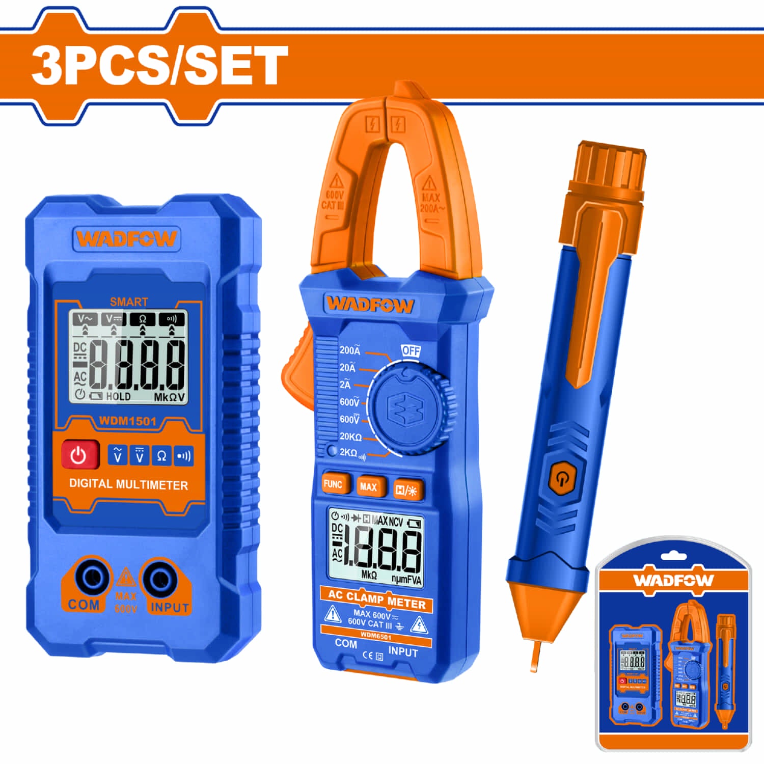 Medidor de Pinza, Multimetro y Detector de Voltaje. Pruebas Eléctricas. Set de 3 Piezas.