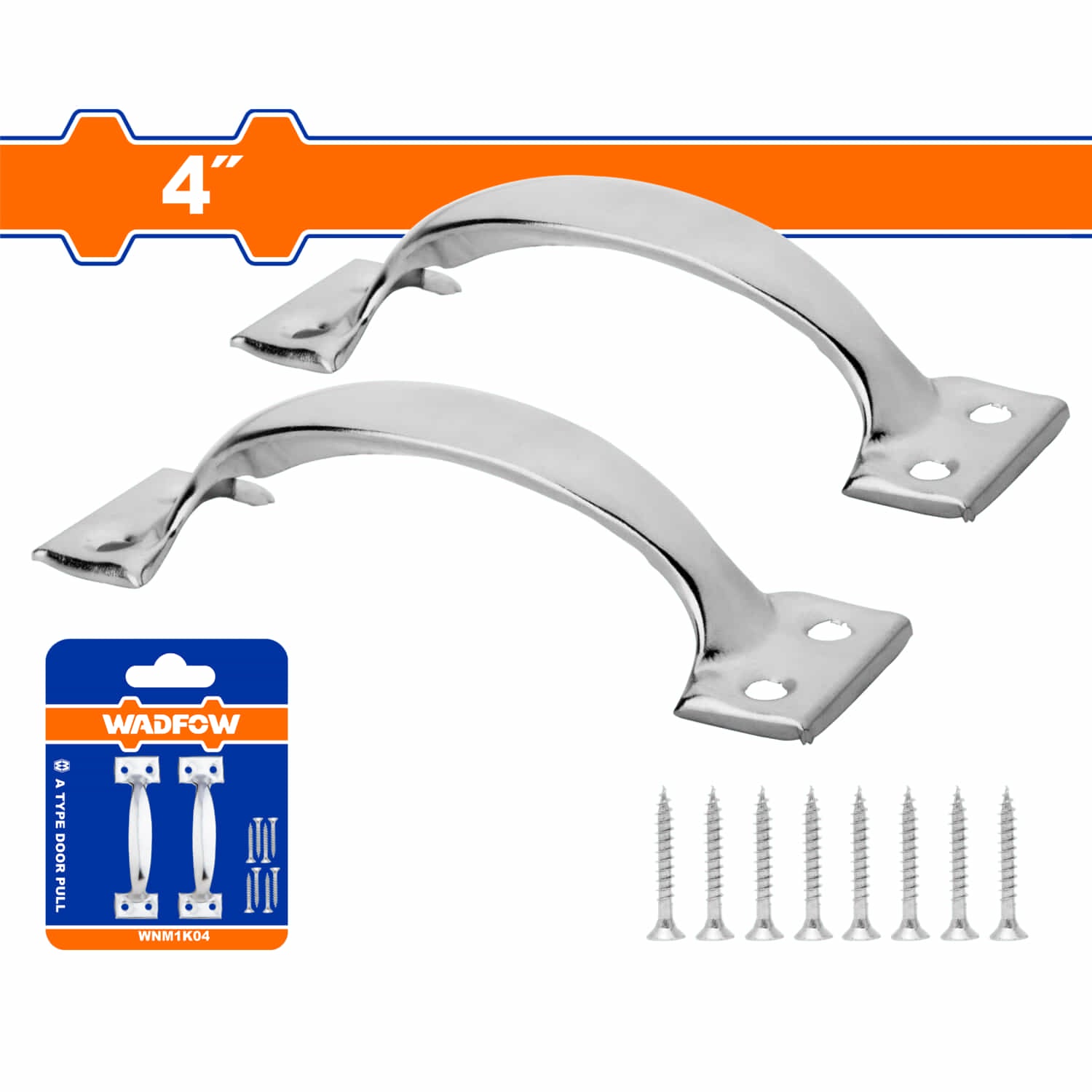 Tirador de 4" de superficie cromada para puertas. Manija de puerta tipo A.