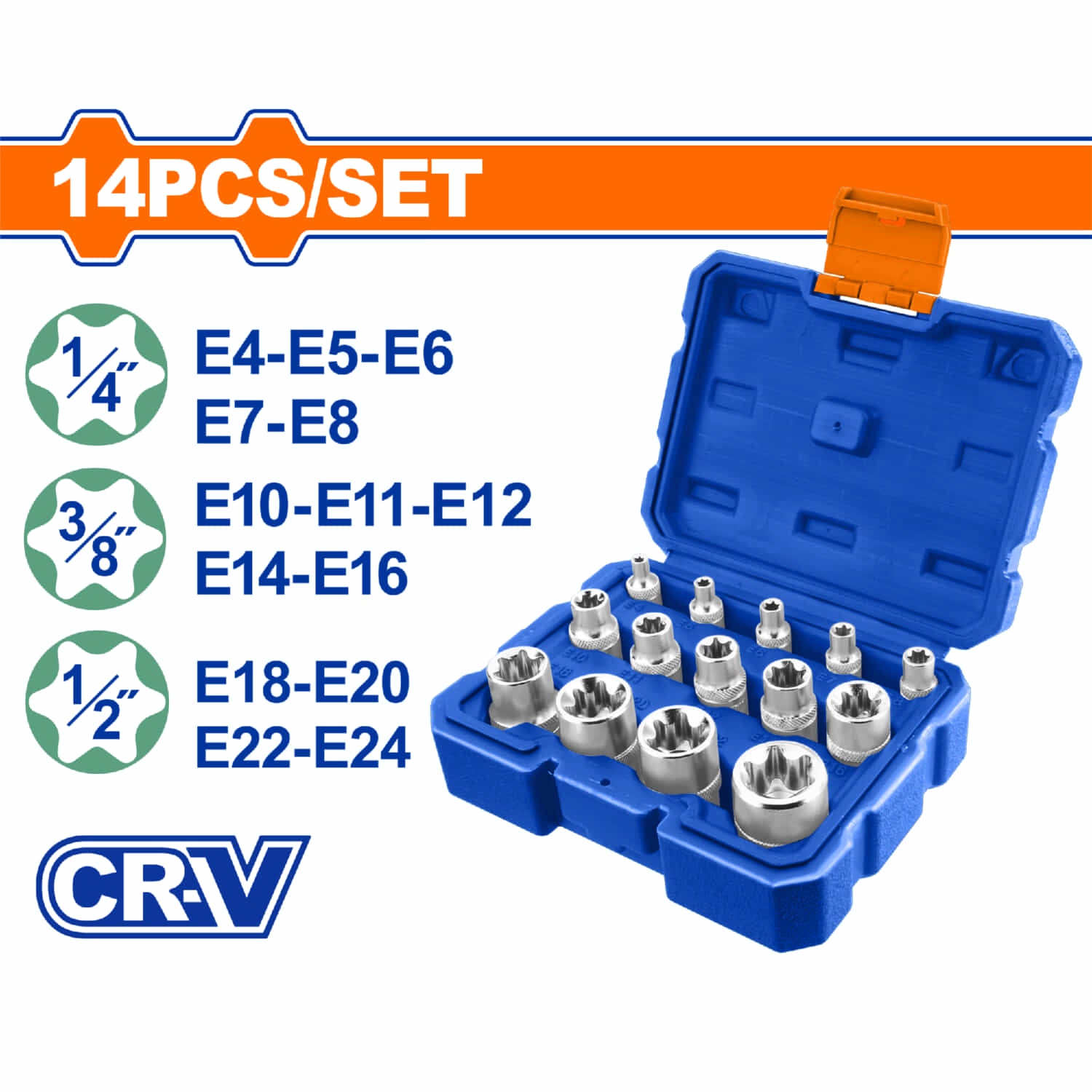 Sockets para Ratchet Tipo E 1/4", 3/8", 1/2" Cr-V Tratamiento Térmico. Cromado. Juego 14 Piezas.