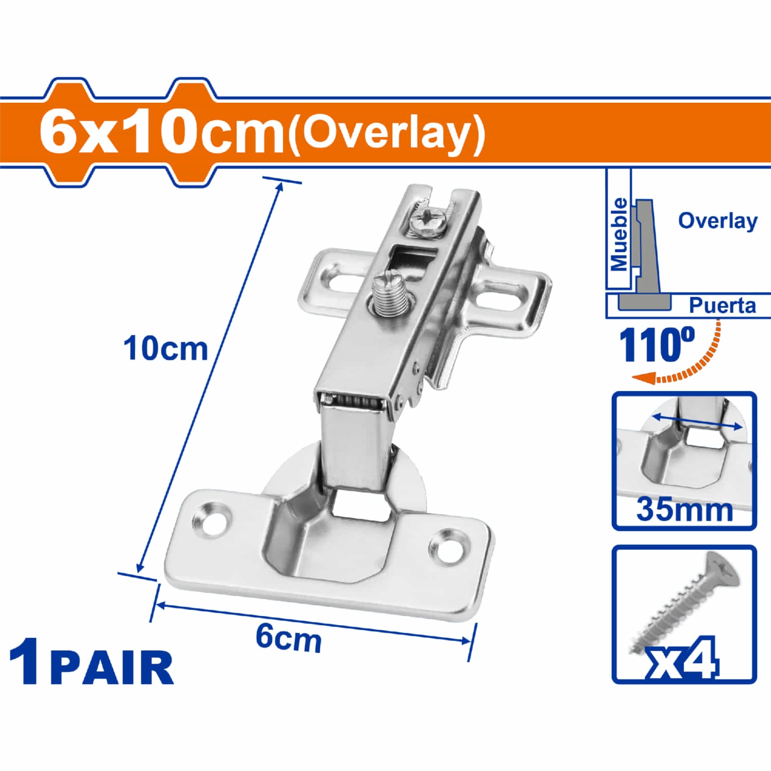 Bisagras ocultas 110º superpuestas 6x10cm. Auto cierre. Incluye 4 tornillos. Viene en par.