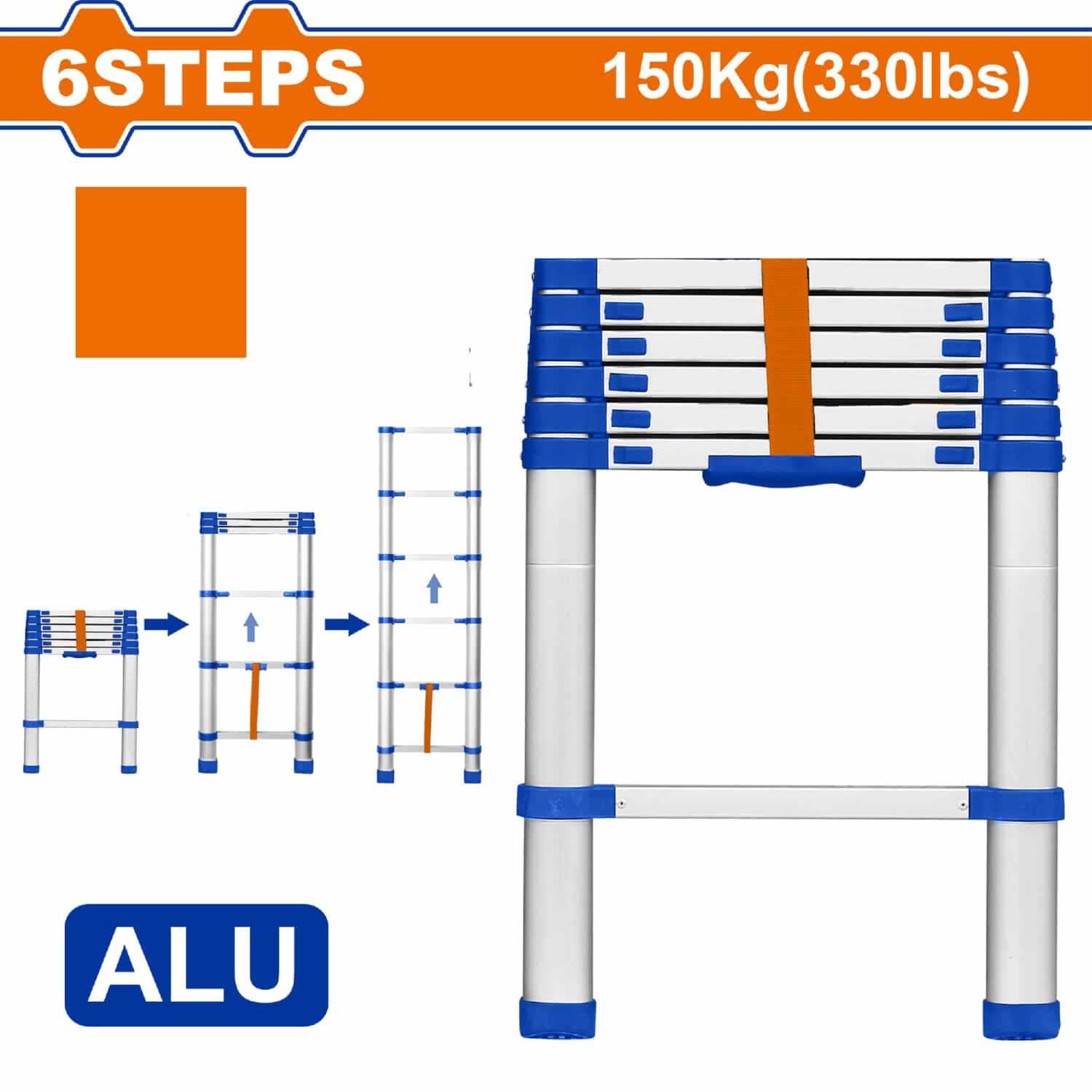 Escalera telescópica de Aluminio de 6 escalones. Altura de paso: 300mm. Carga máxima: 150Kg.