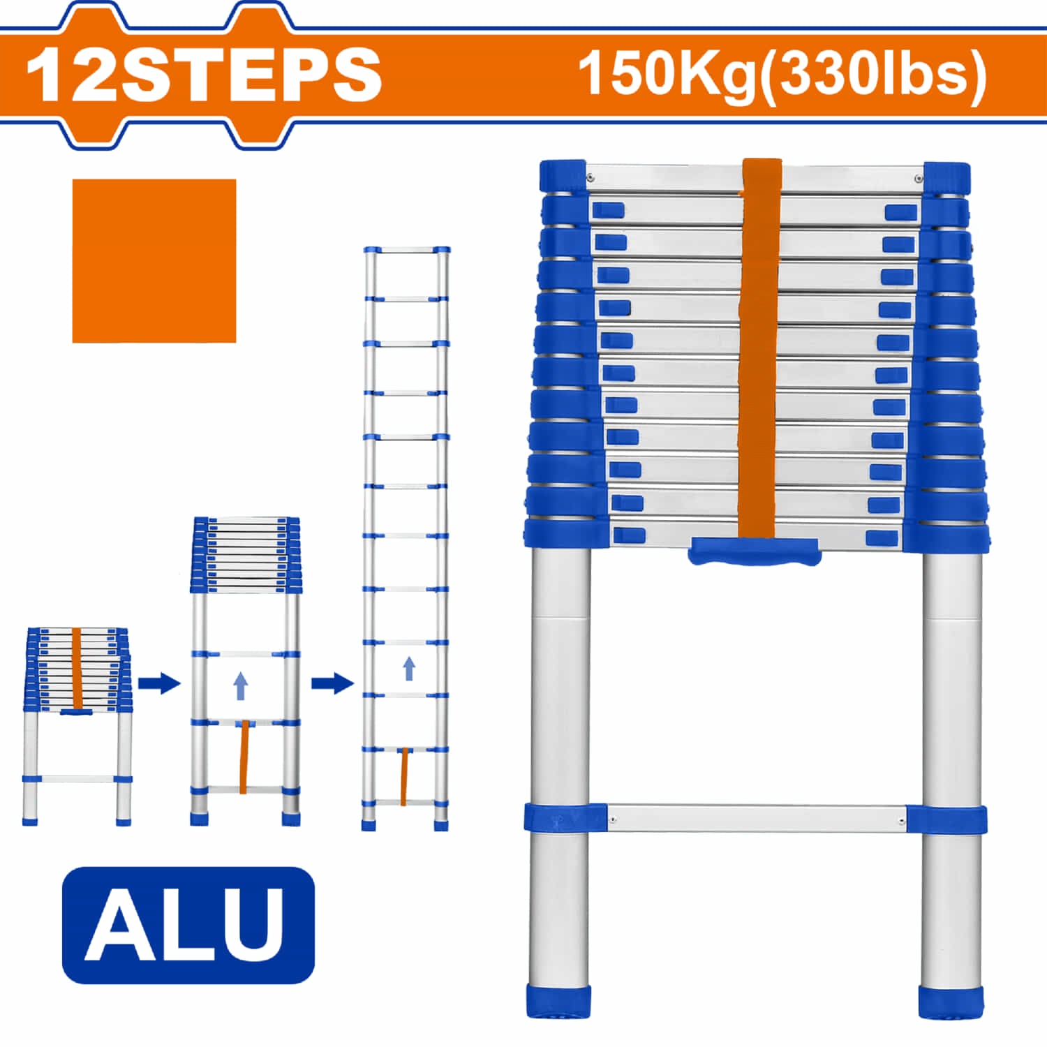 Escalera telescópica de Aluminio de 12 escalones. Altura de paso: 300mm. Carga máxima: 150Kg.
