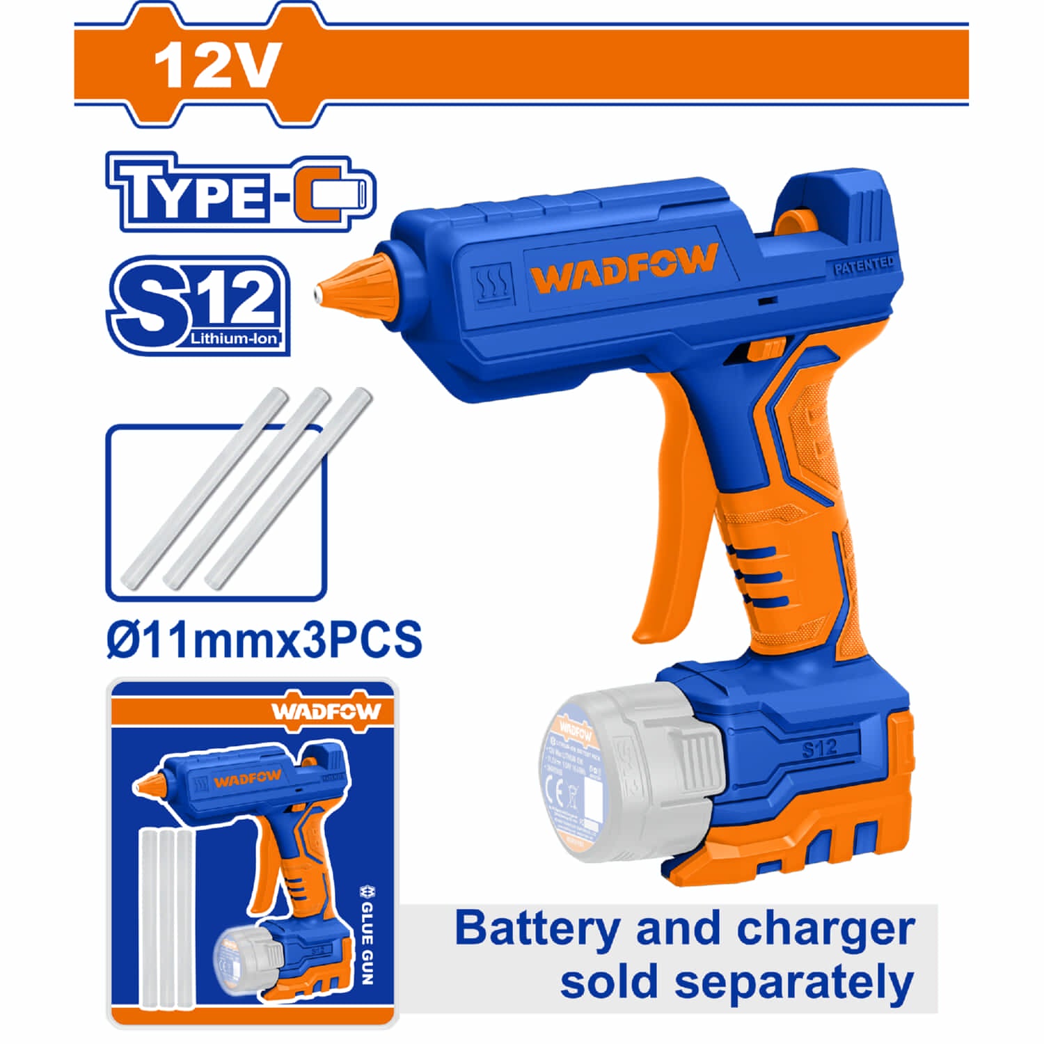 Pistola de Silicón 12V Incluye 3 barras de pegamento. Batería y cargador por separado.